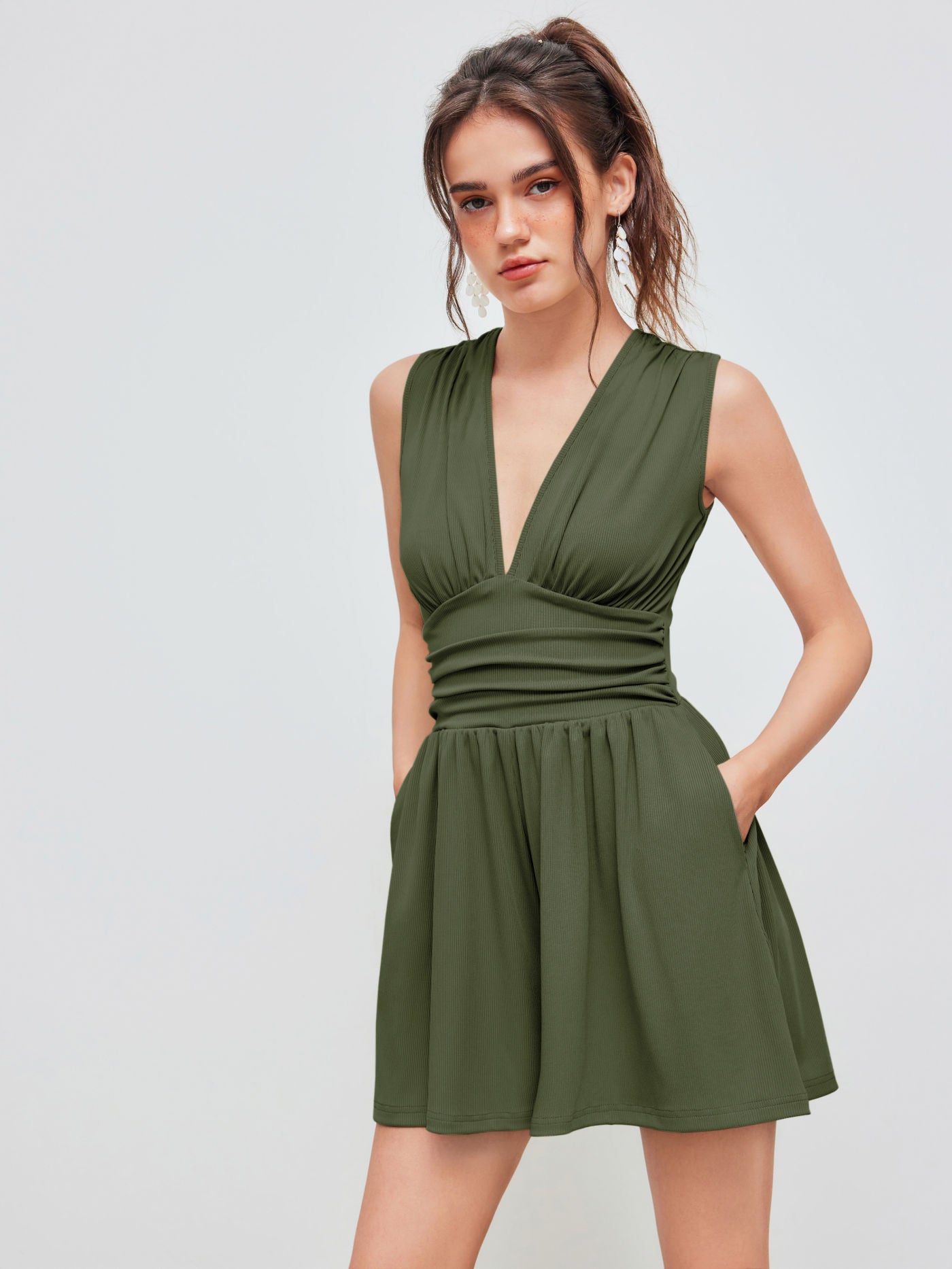 Kylie | V-neck Solid Ruched Pocket Romper