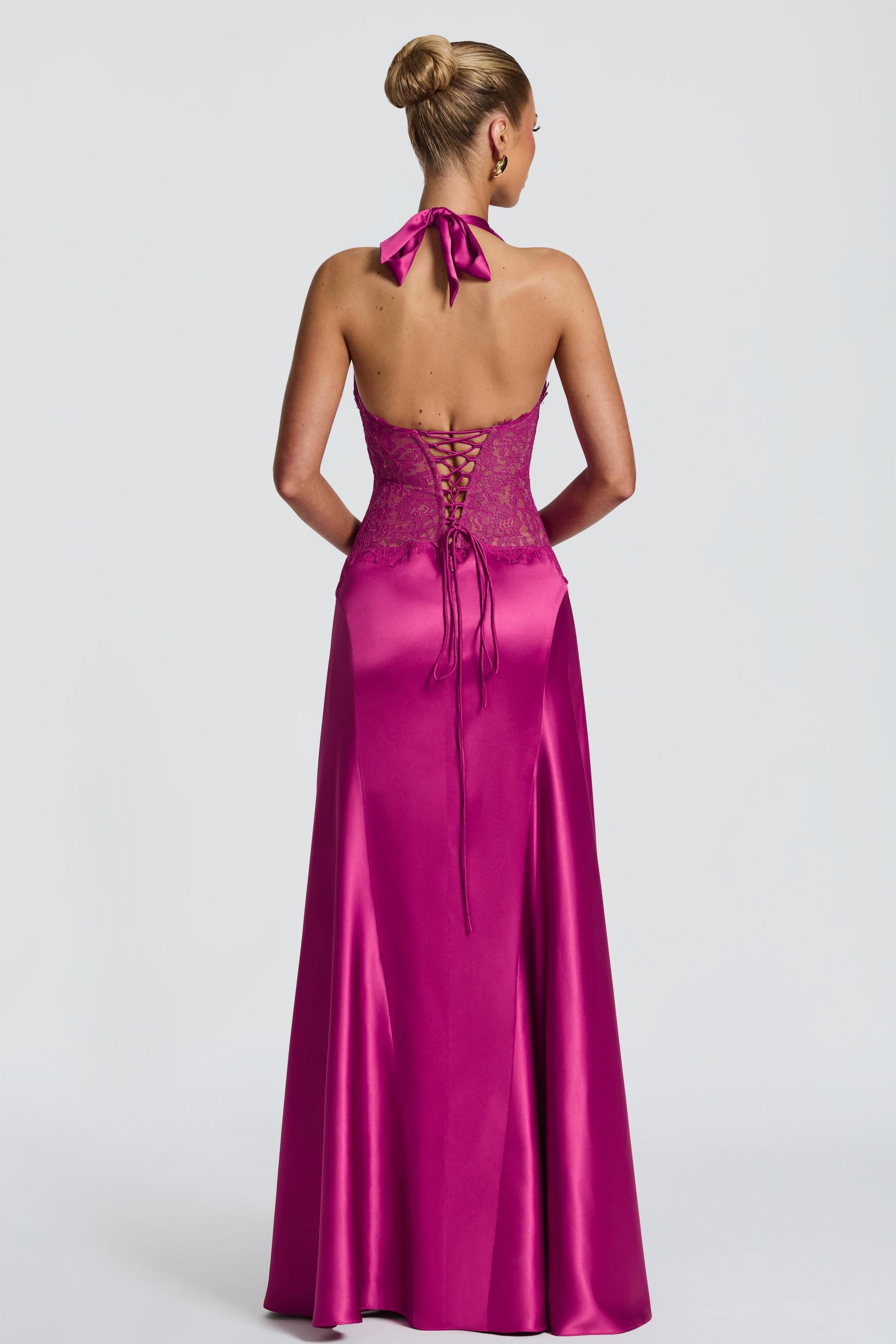 Quinn | Satin Splicing Lace Halter Pleated Maxi Dress