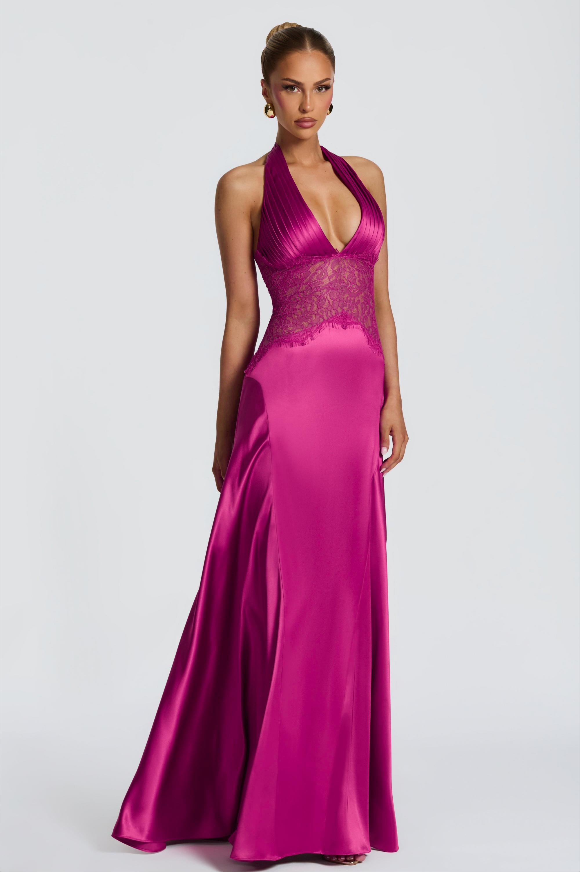 Quinn | Satin Splicing Lace Halter Pleated Maxi Dress