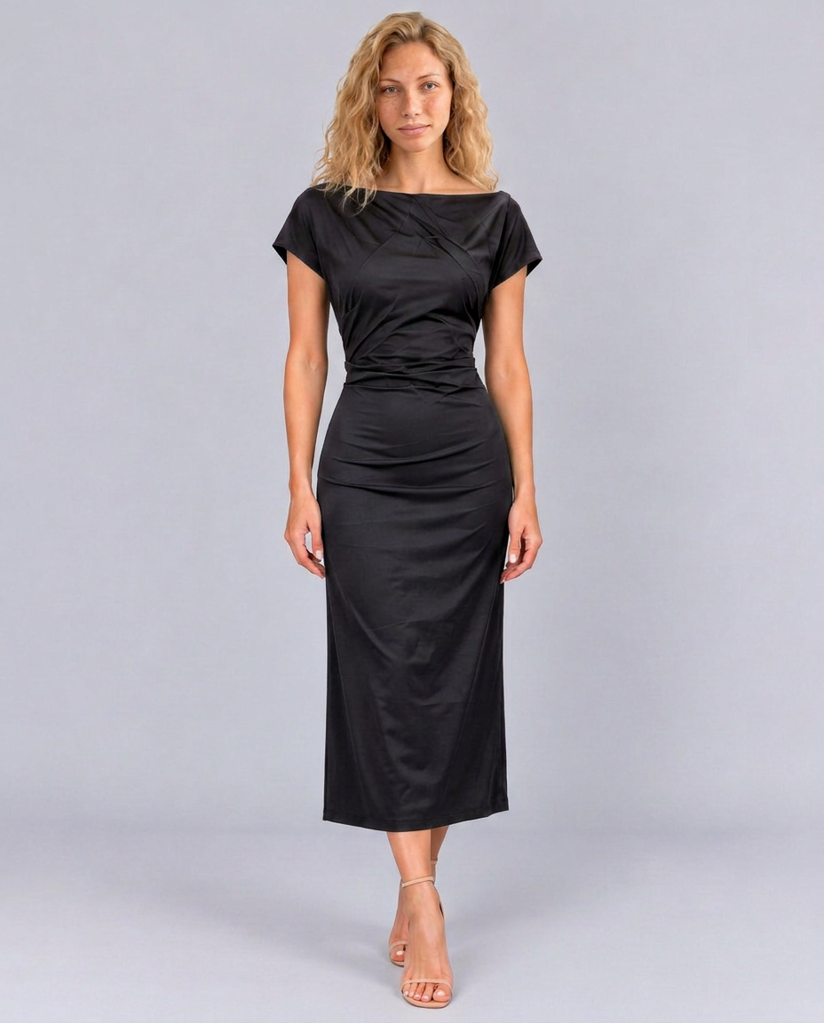 Sienna | Lace-Trim Waterfall Neck Midi Dress