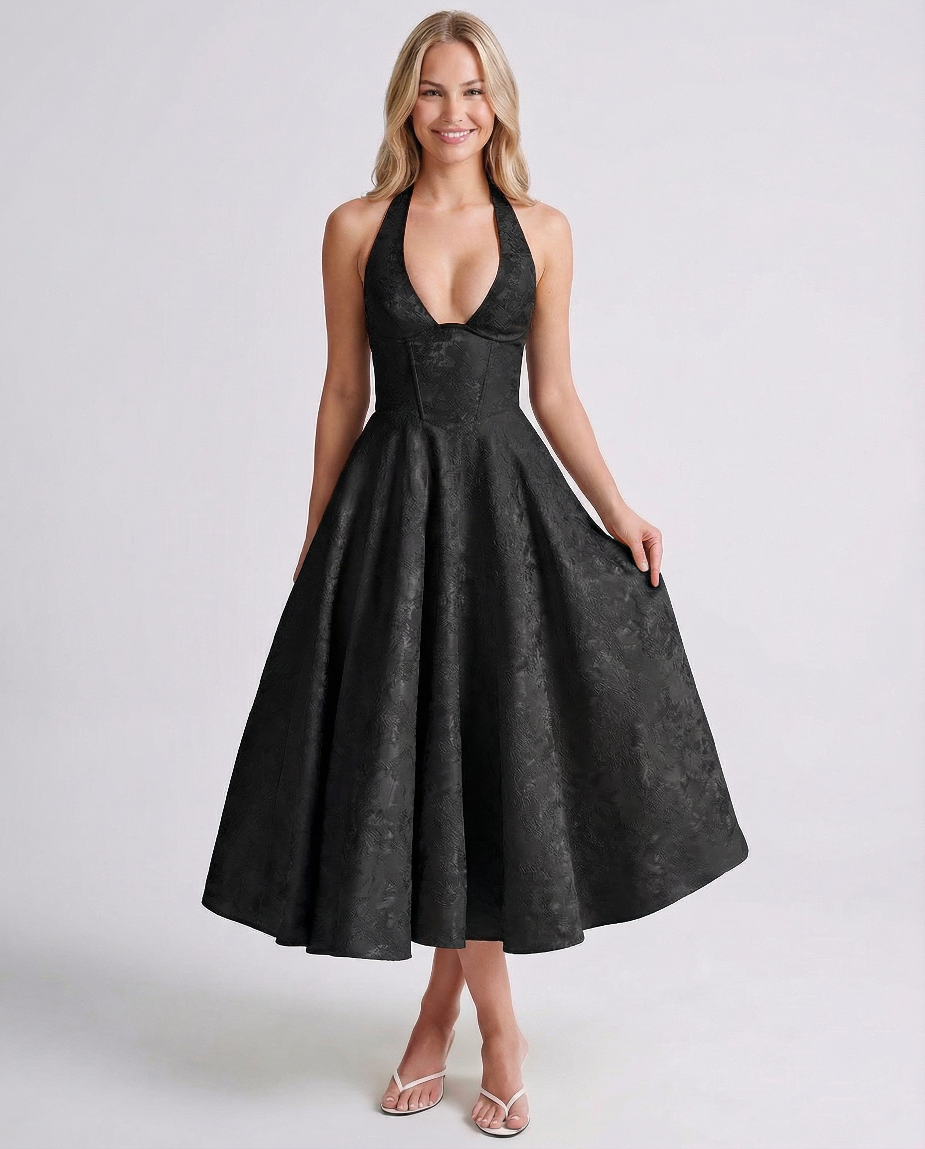 Sheryl | Midi Dress with Halter Neck and Jacquard Finish