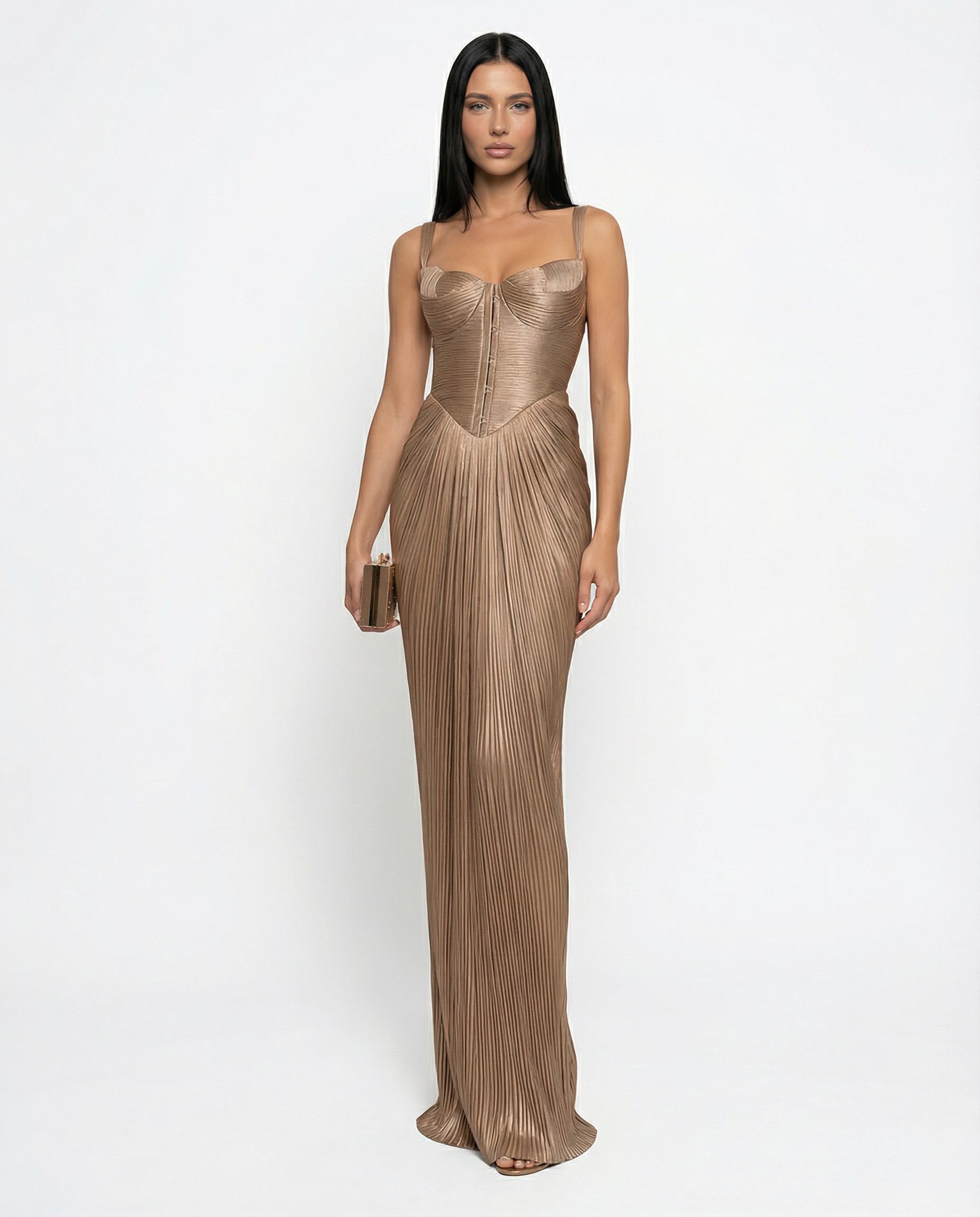 Stella | Gold Glossy Pleated Corset Maxi Dress