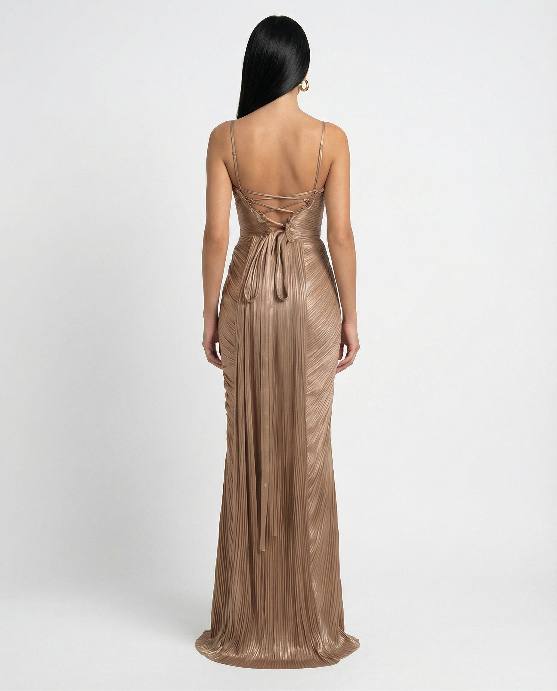 Stella | Gold Glossy Pleated Corset Maxi Dress
