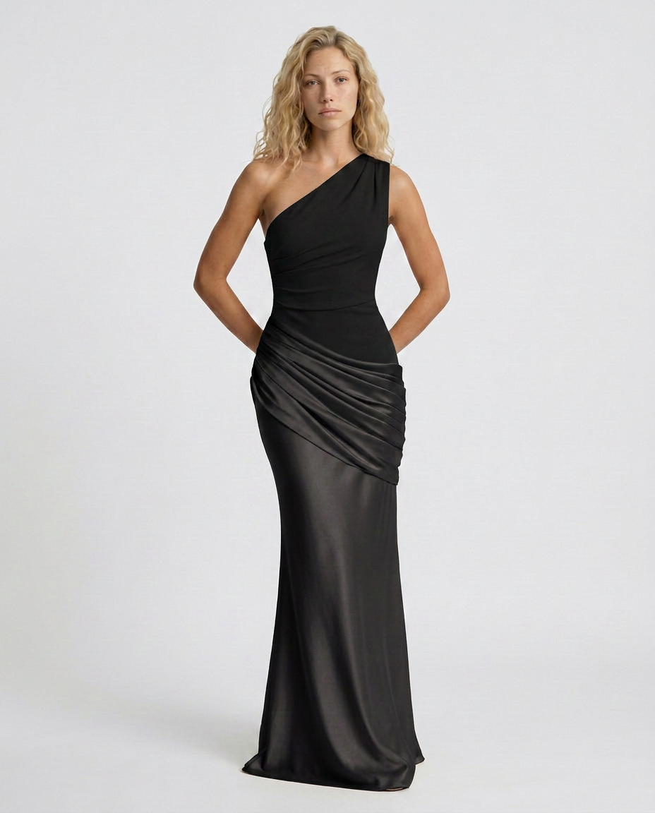 Novie | One-Shoulder Draped Satin Maxi Dress