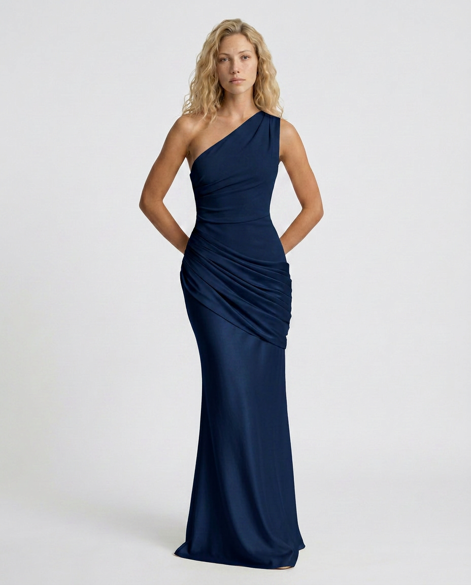 Novie | One-Shoulder Draped Satin Maxi Dress