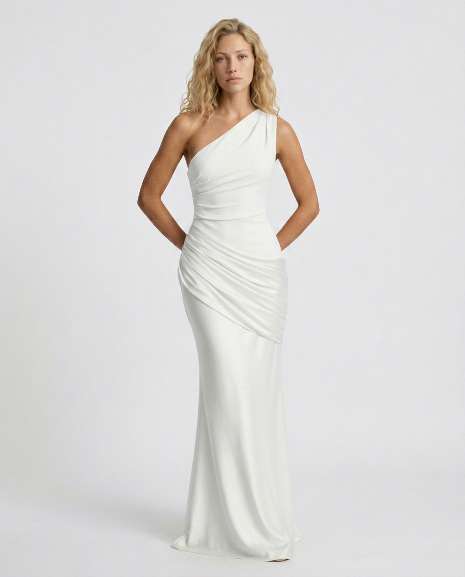 Novie | One-Shoulder Draped Satin Maxi Dress