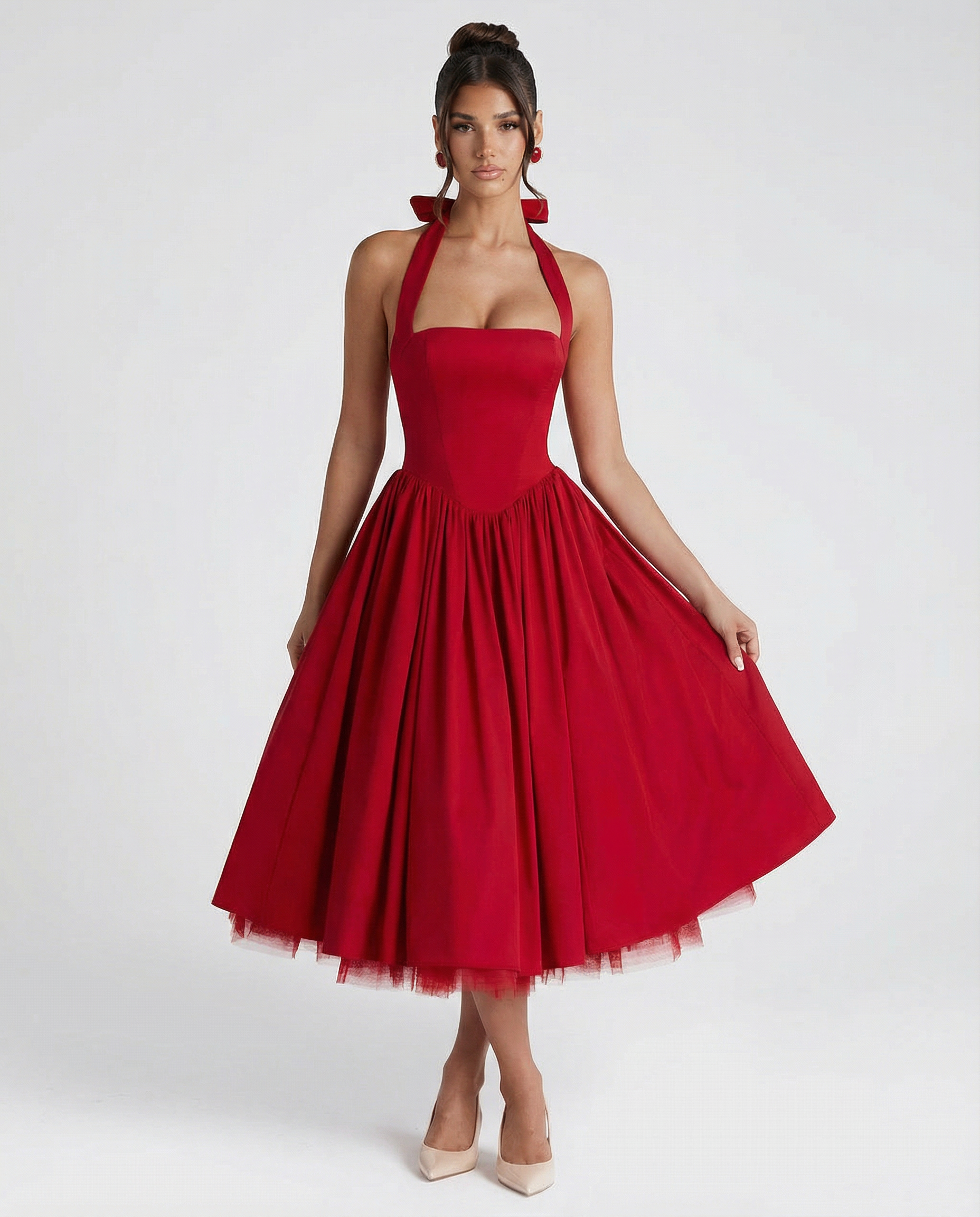 Lena | Midi Halter Neck Lace-Up Back Dress