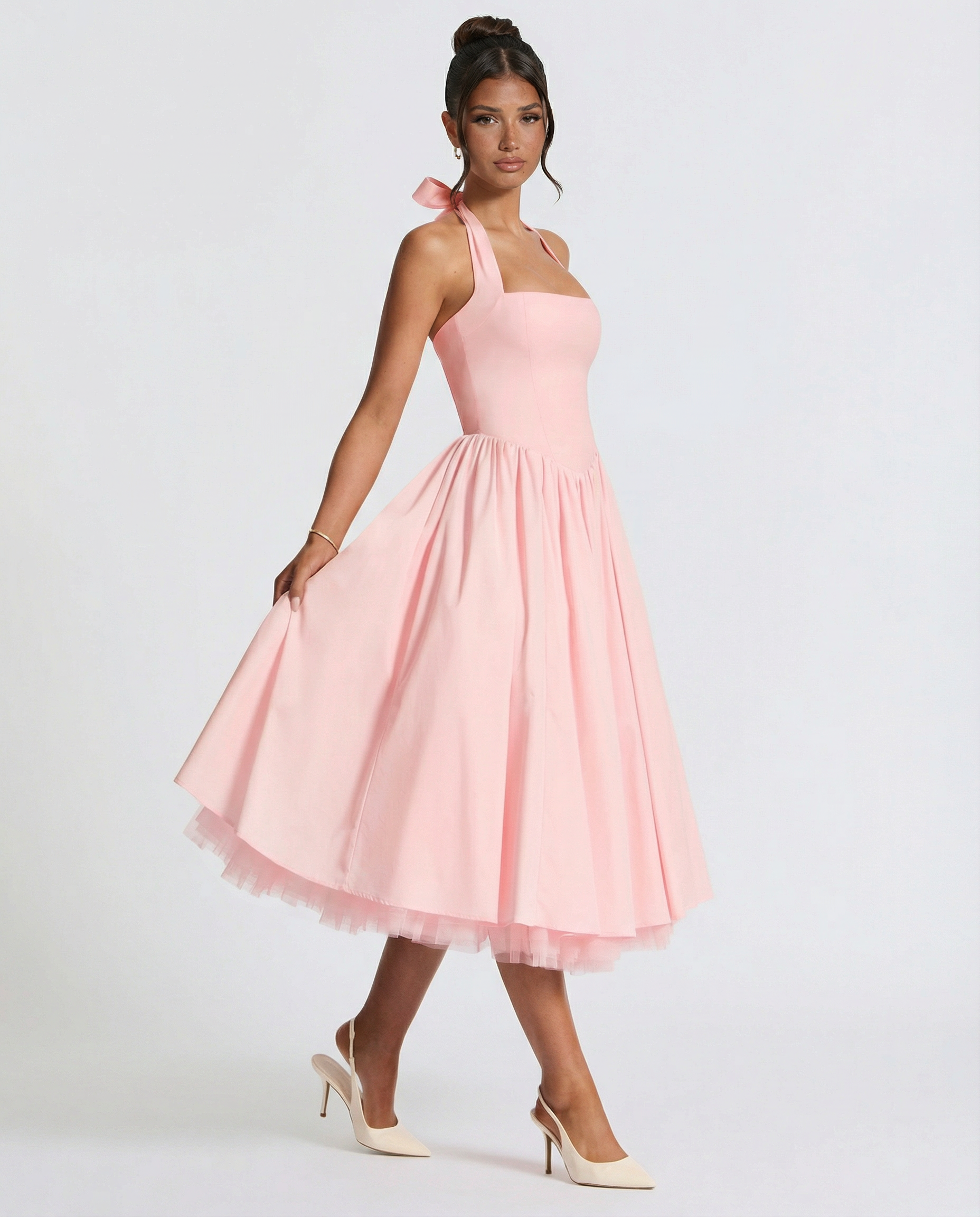 Lena | Midi Halter Neck Lace-Up Back Dress