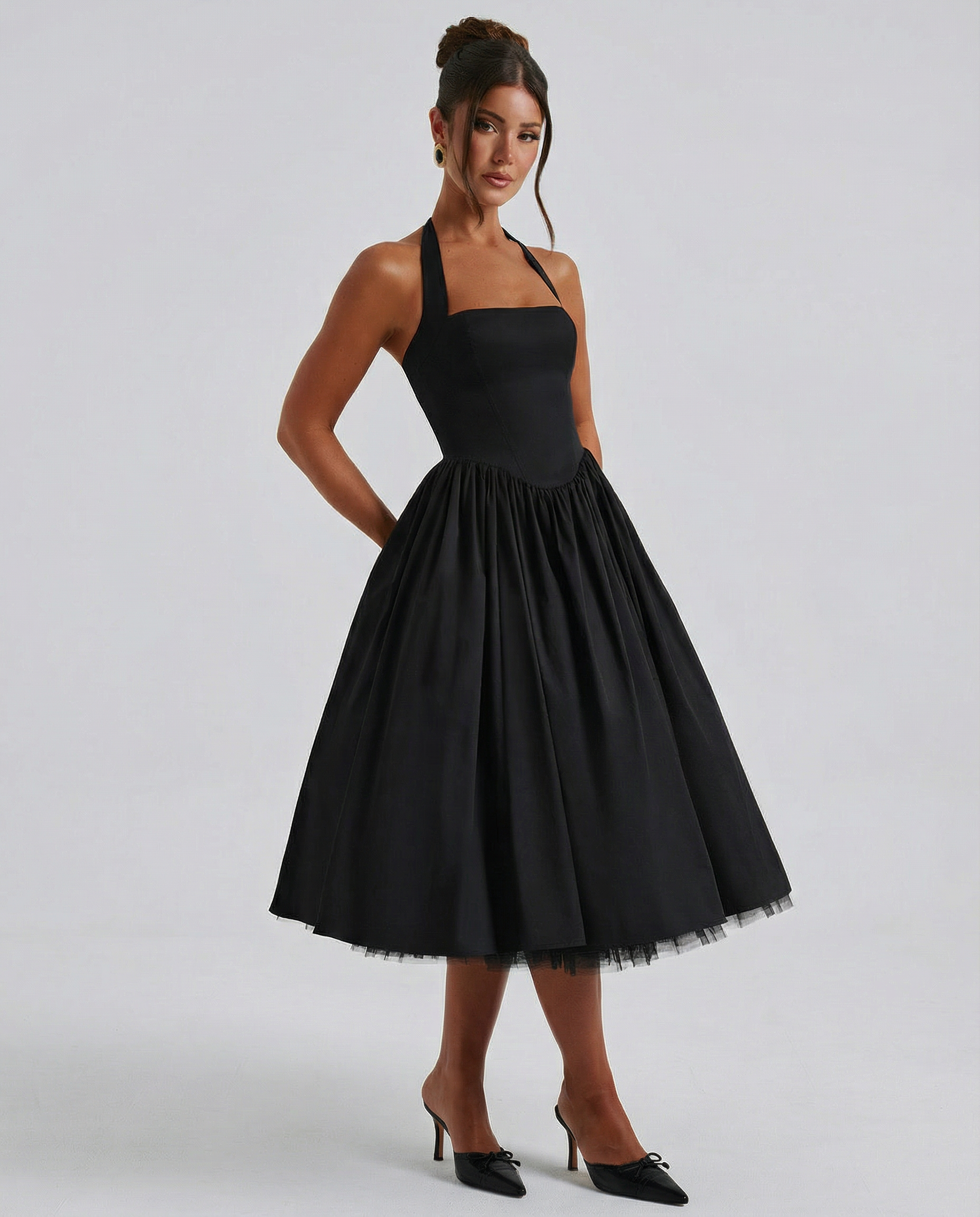 Lena | Midi Halter Neck Lace-Up Back Dress