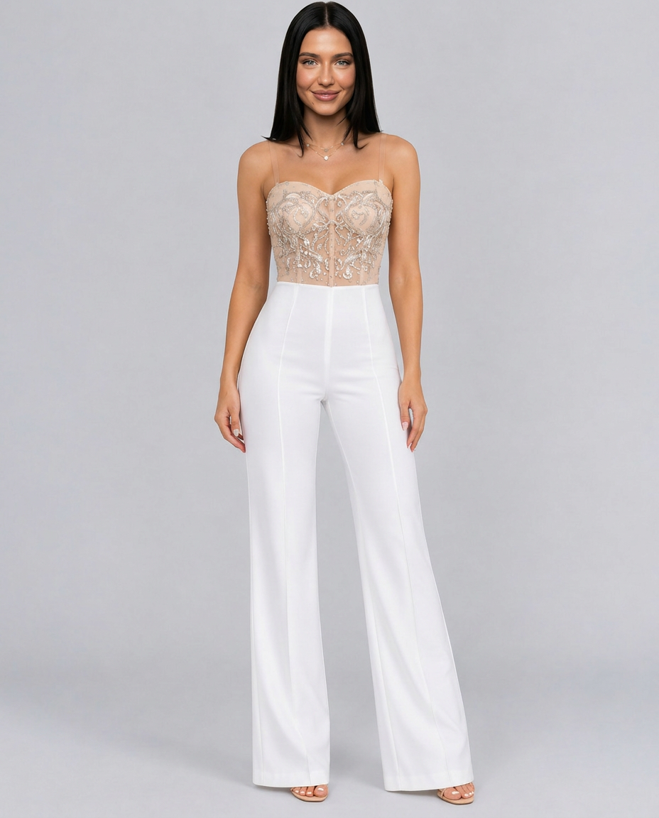 Selène | Strapless Sequin Bodice Straight Leg Jumpsuit