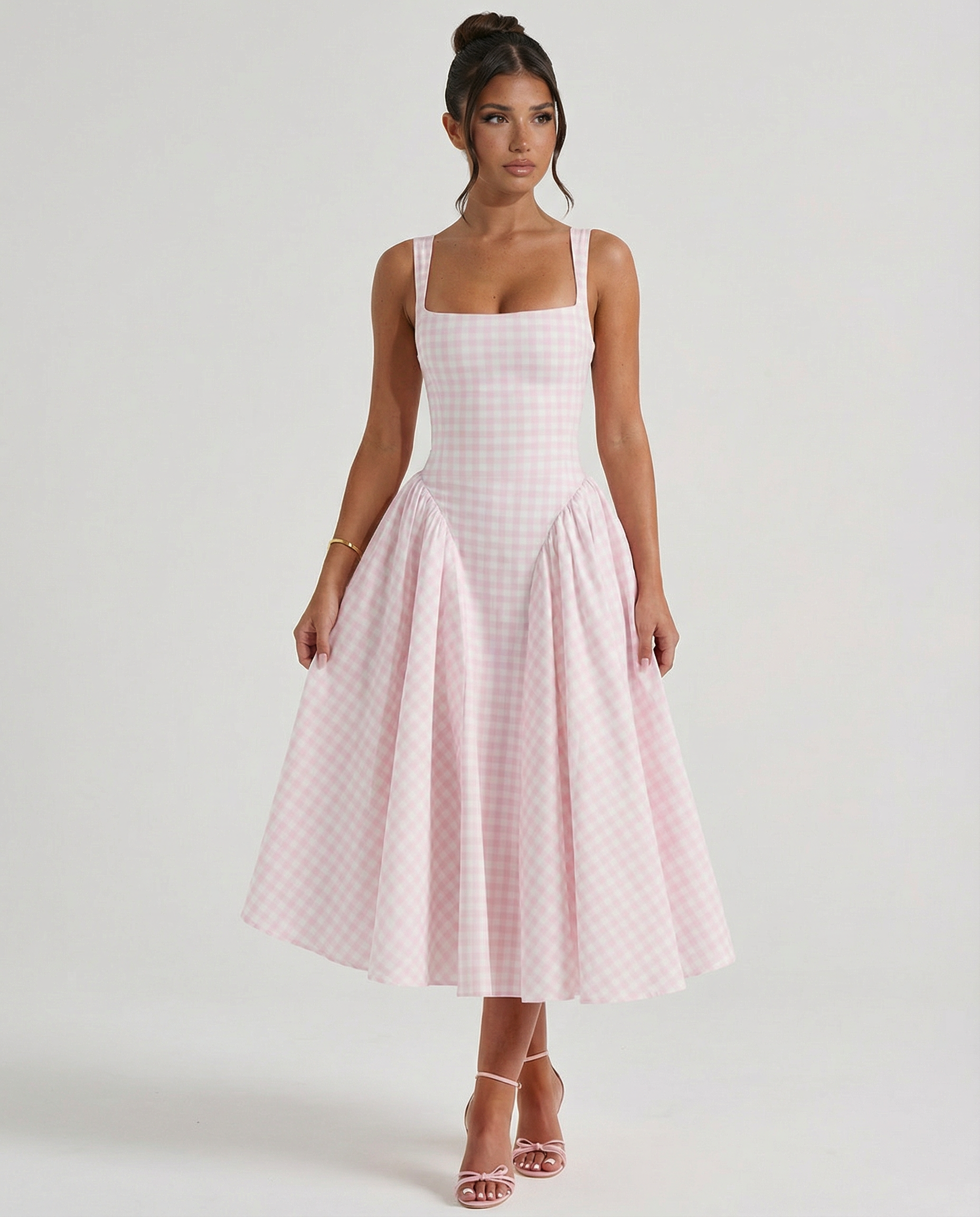 Francesca | Midi Dress with Gingham Corset and Square Neck