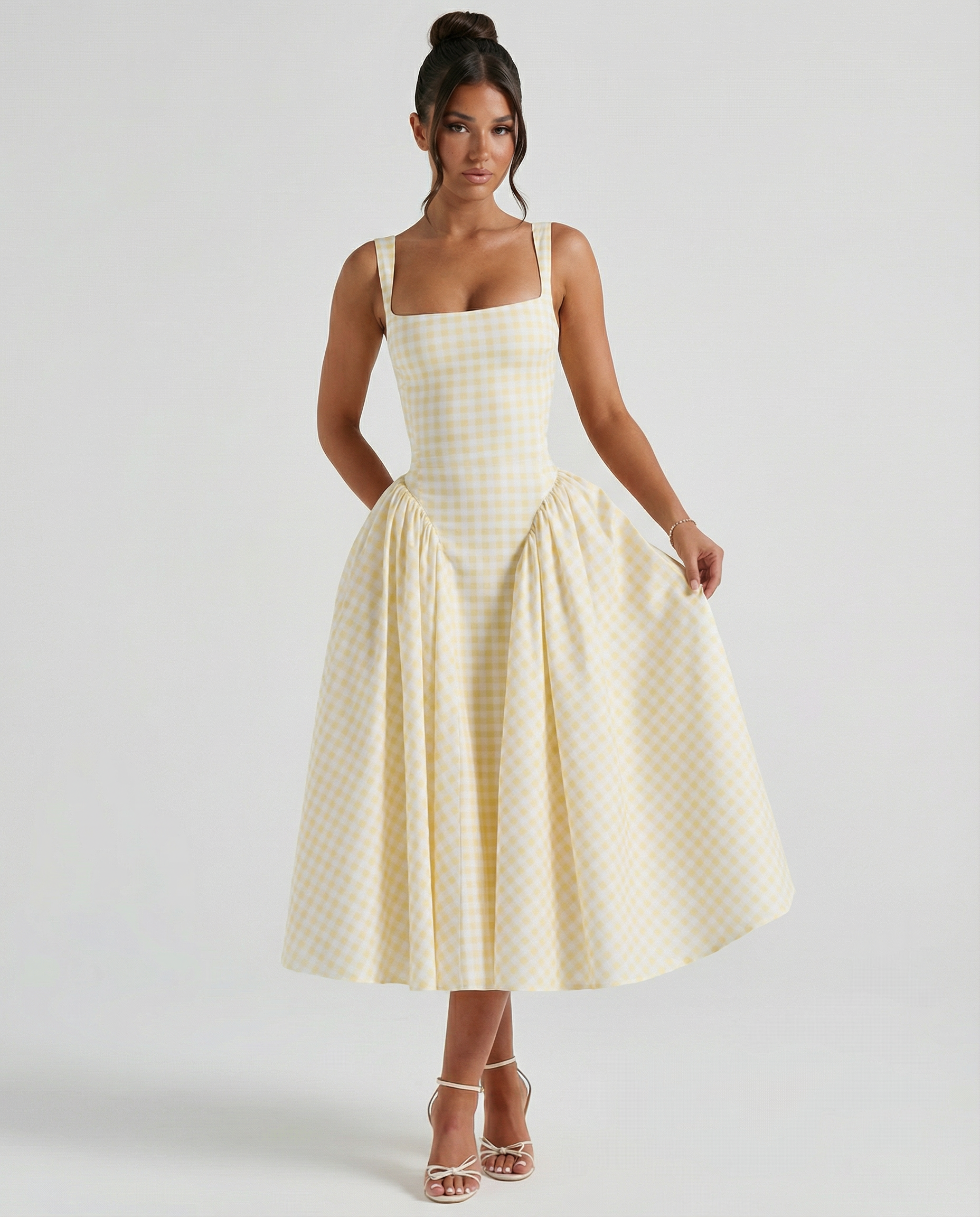 Francesca | Midi Dress with Gingham Corset and Square Neck