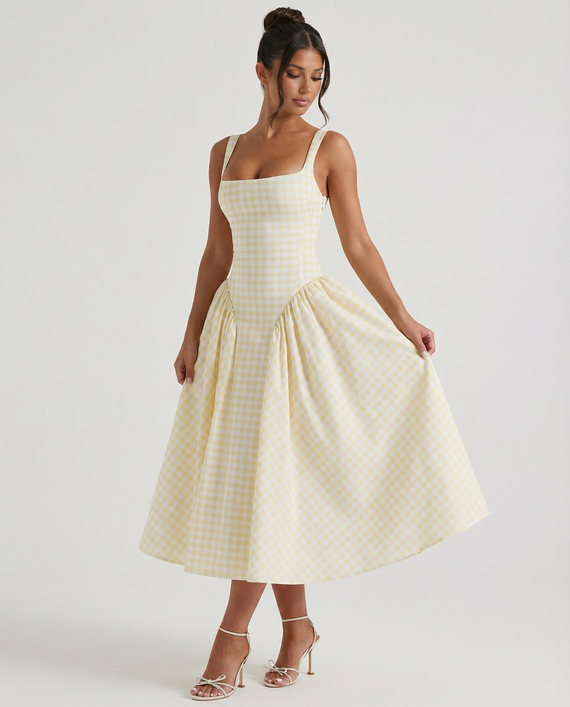 Francesca | Midi Dress with Gingham Corset and Square Neck