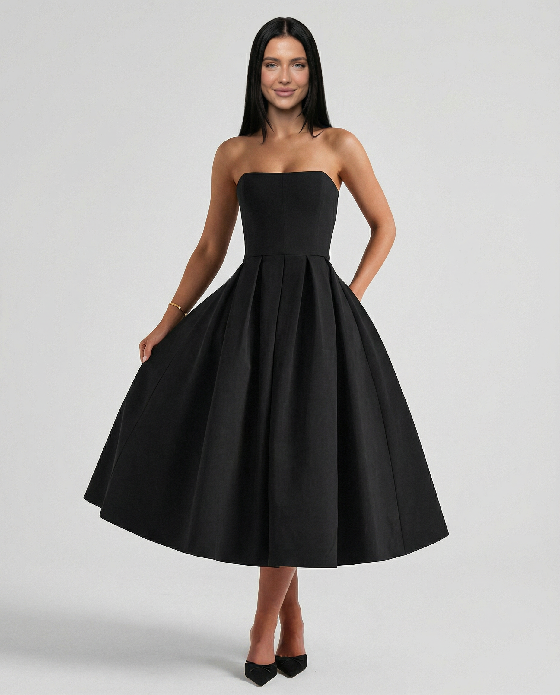 Ainsley | Midi Dress with Strapless Full Skirt
