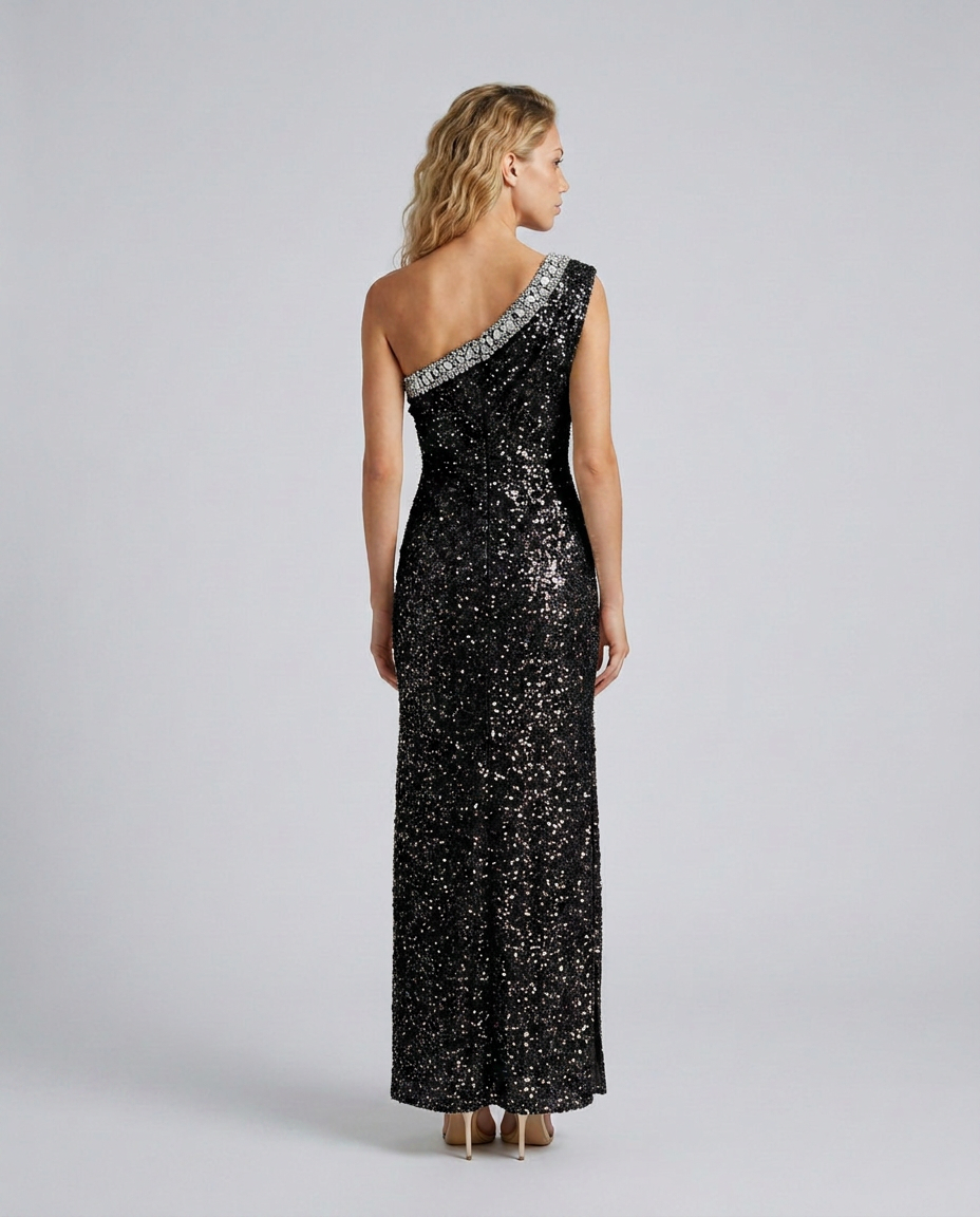 Nadia | Sequined Asymmetric Neck Maxi Dress