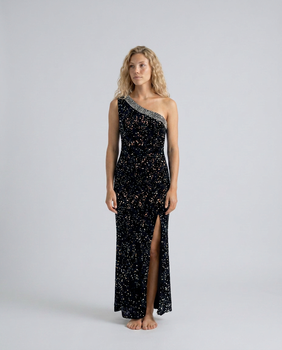 Nadia | Sequined Asymmetric Neck Maxi Dress