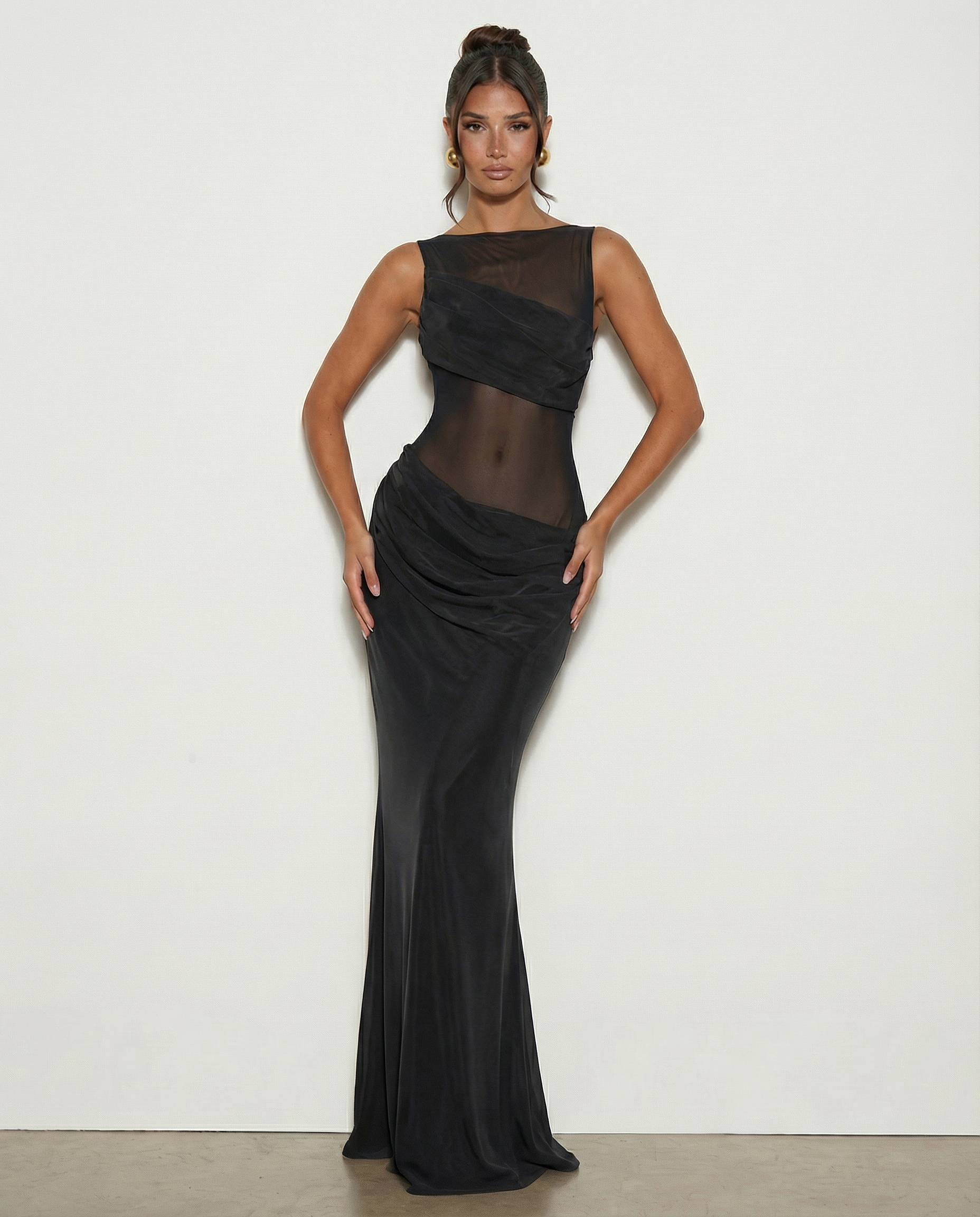 Olivia | Maxi Dress with Sheer Panel and Ruched Skirt