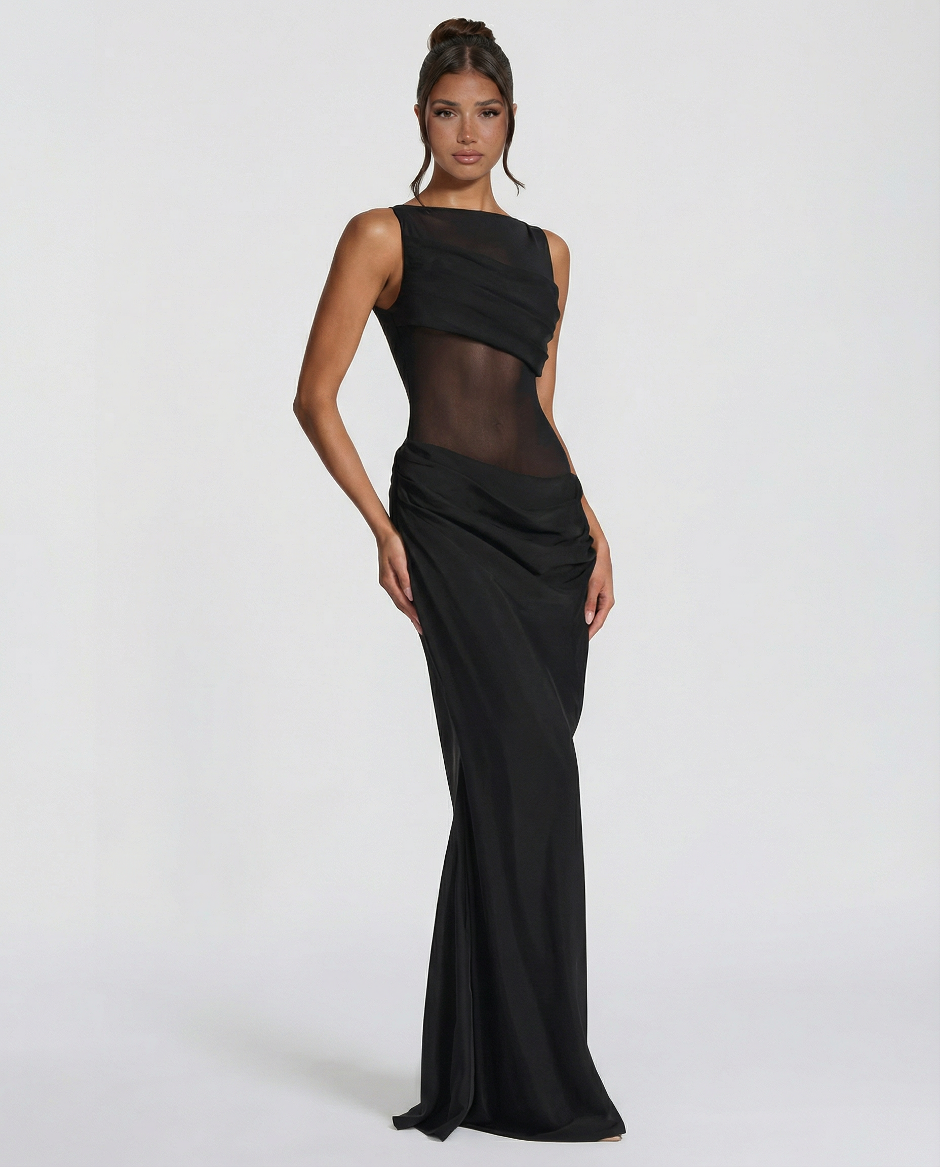 Olivia | Maxi Dress with Sheer Panel and Ruched Skirt