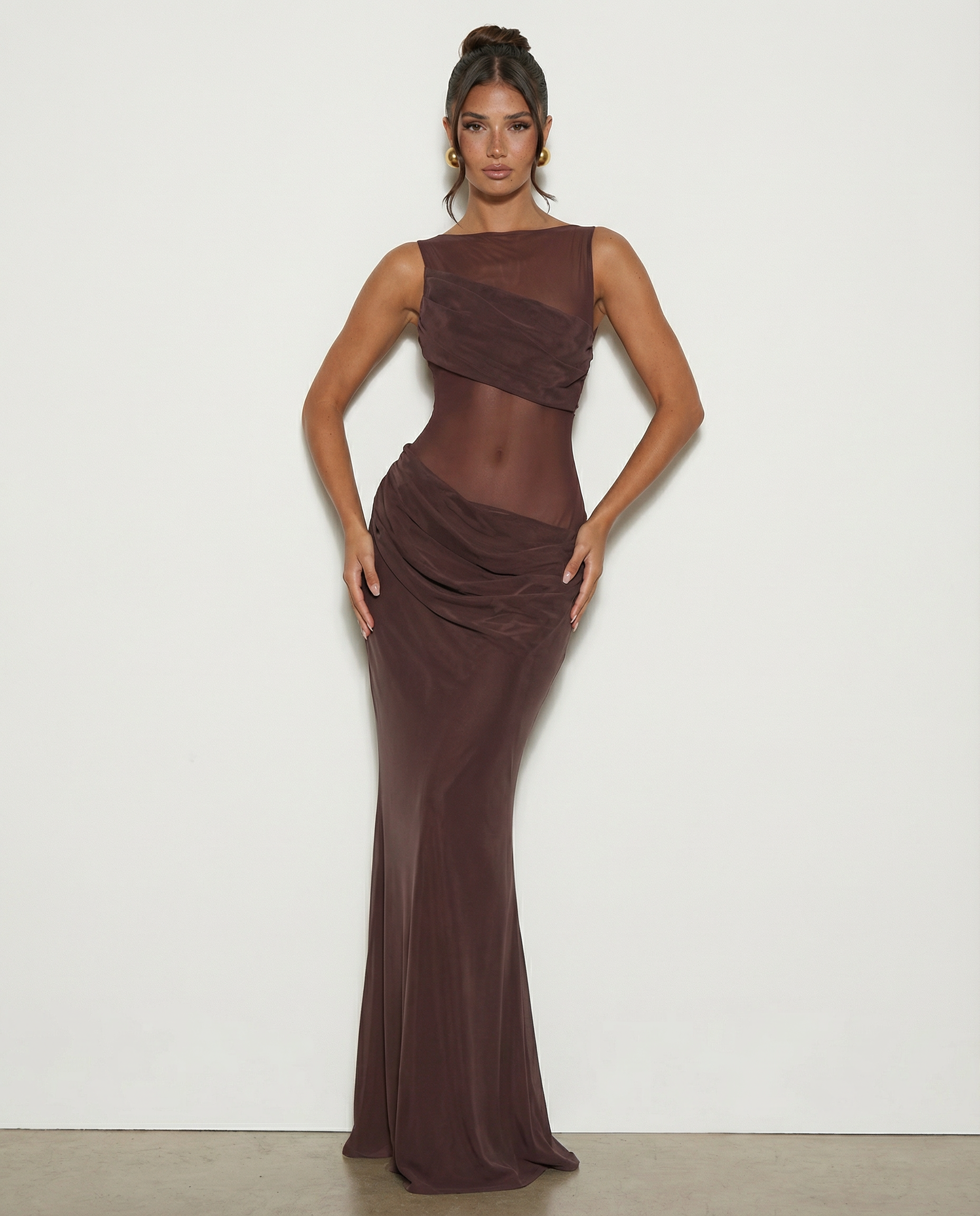 Olivia | Maxi Dress with Sheer Panel and Ruched Skirt
