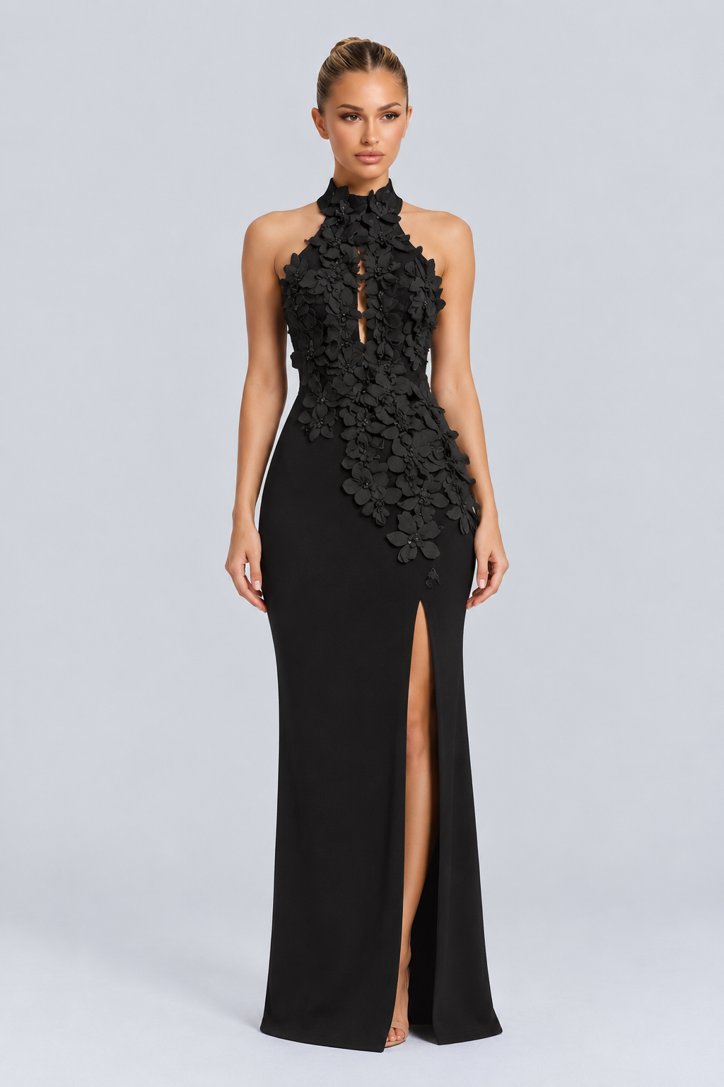 Kira | 3D Floral Halter Neck Bandage Maxi Dress