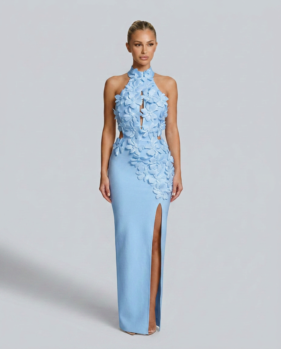 Kira | 3D Floral Halter Neck Bandage Maxi Dress