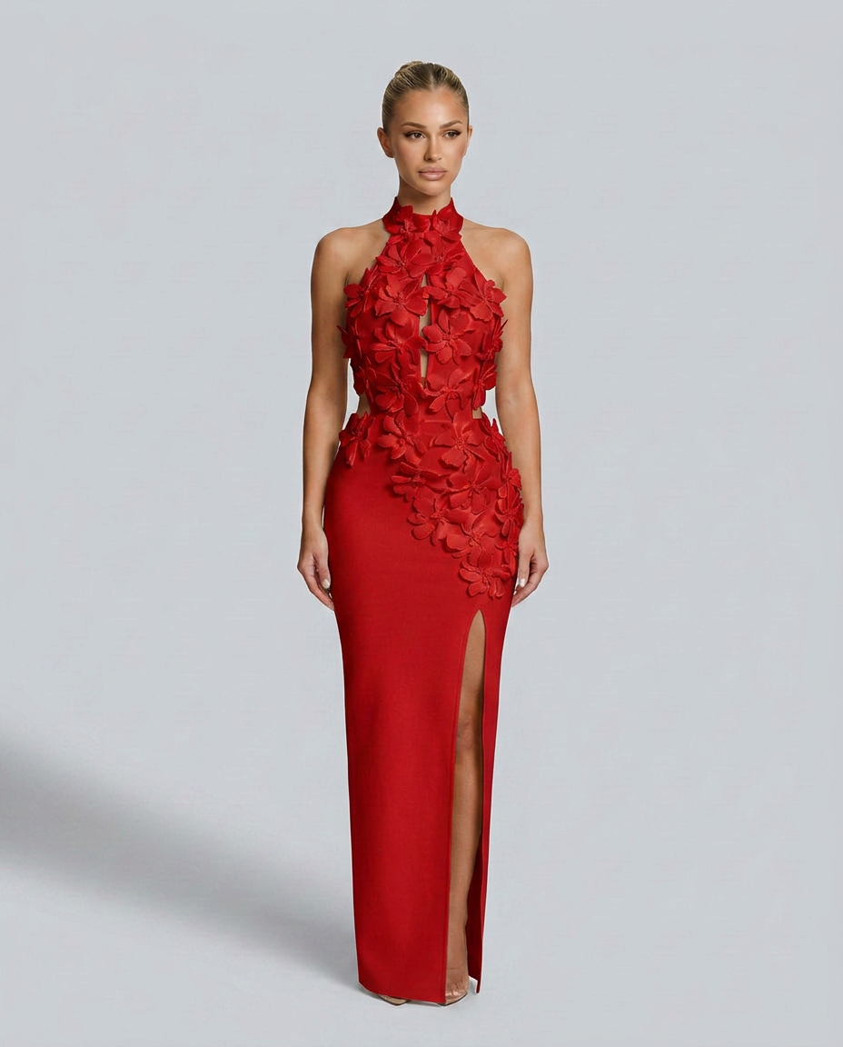 Kira | 3D Floral Halter Neck Bandage Maxi Dress