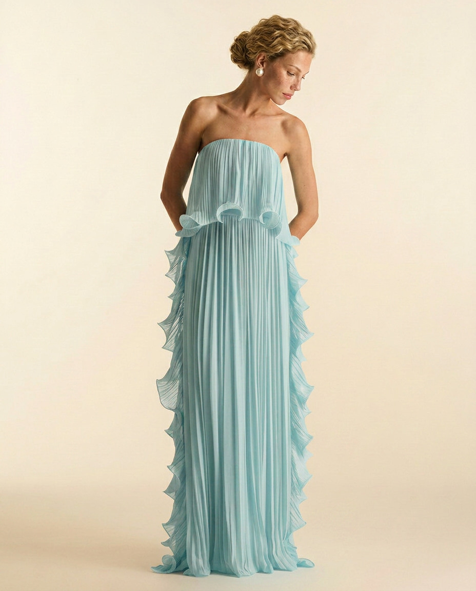 Ada | Chiffon Pleated Frill Maxi Dress