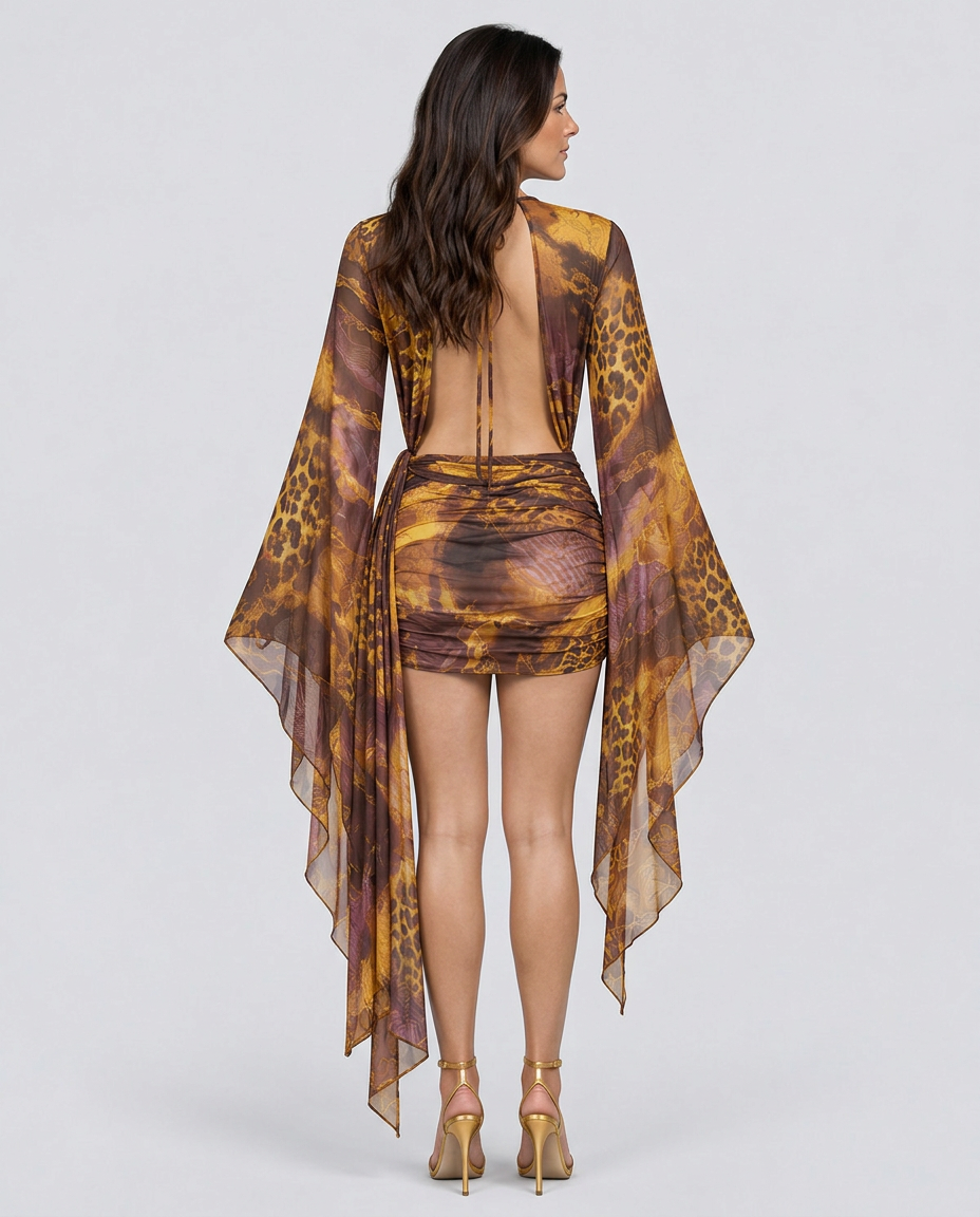 Cora | Animal Print Tie-Up Mesh Midi Dress