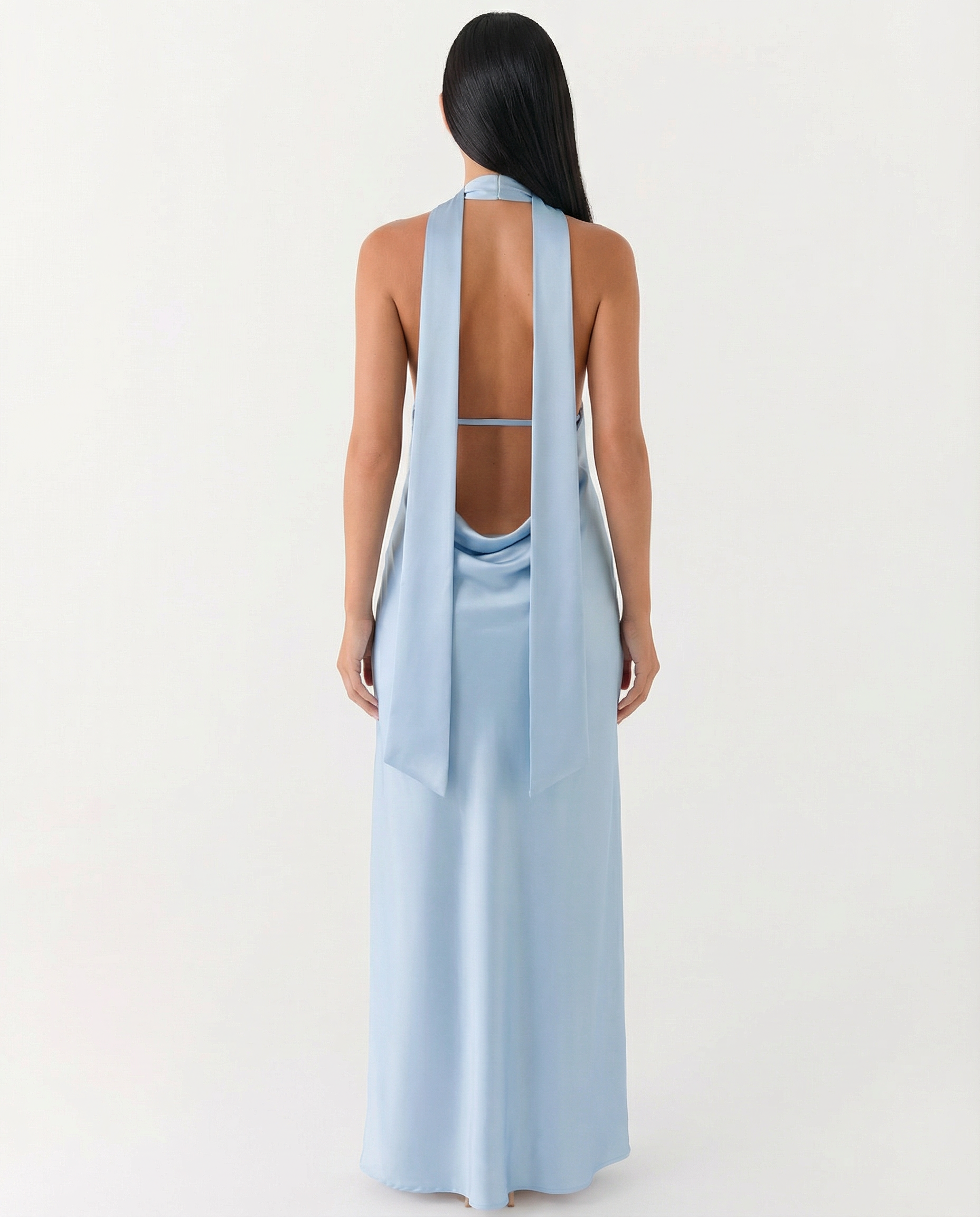 Jayne | Low V Neck Cowl Back Satin Halter Maxi Dress