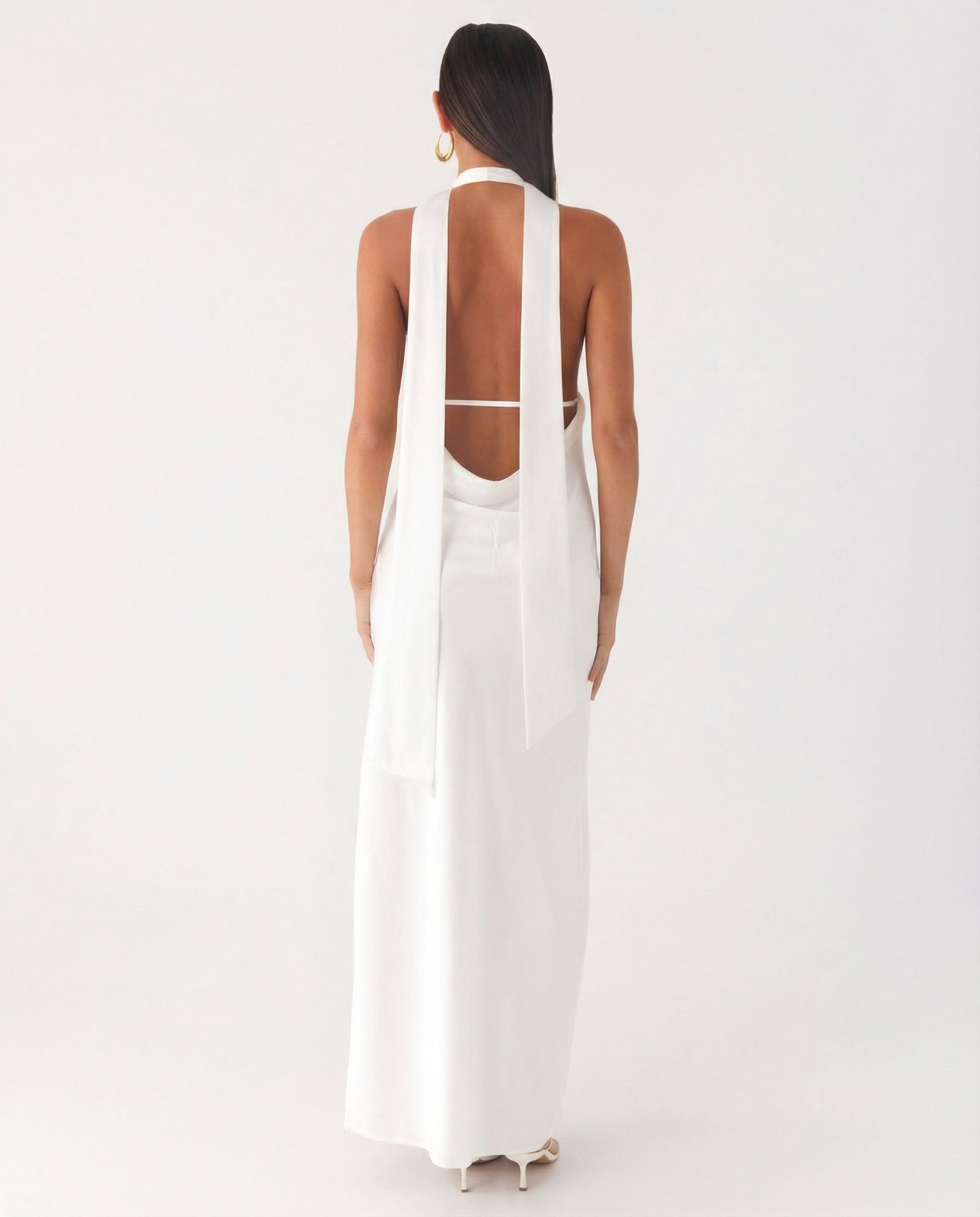 Jayne | Low V Neck Cowl Back Satin Halter Maxi Dress