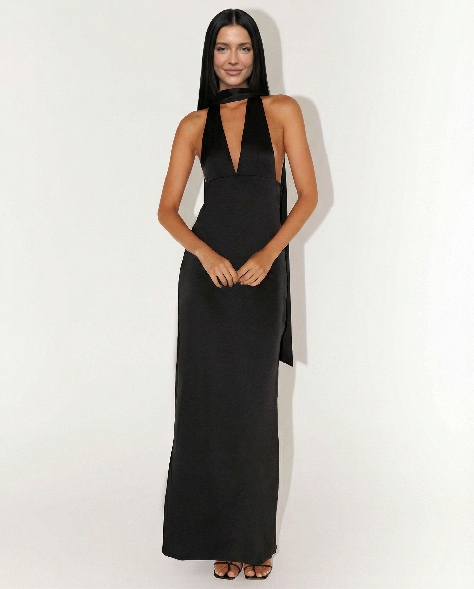 Jayne | Low V Neck Cowl Back Satin Halter Maxi Dress