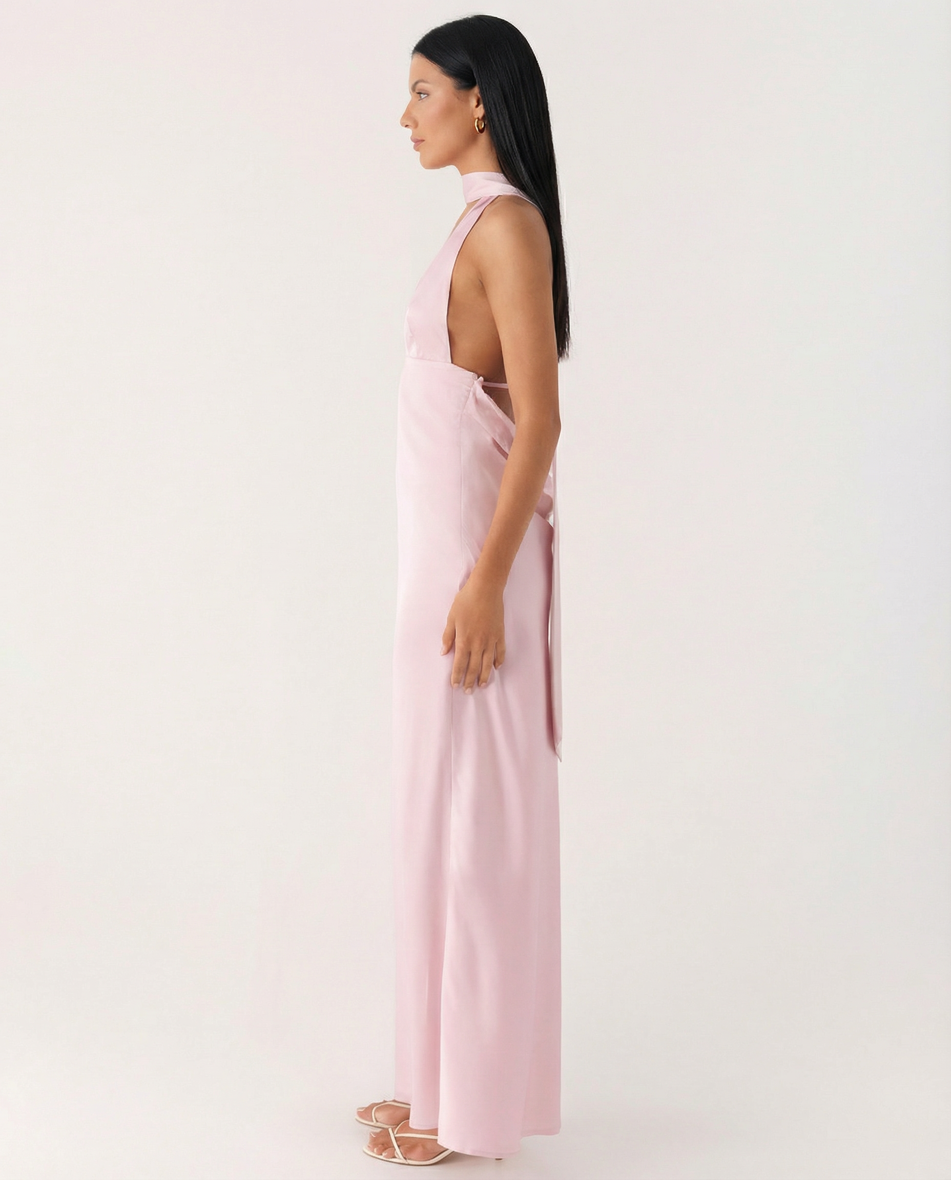 Jayne | Low V Neck Cowl Back Satin Halter Maxi Dress