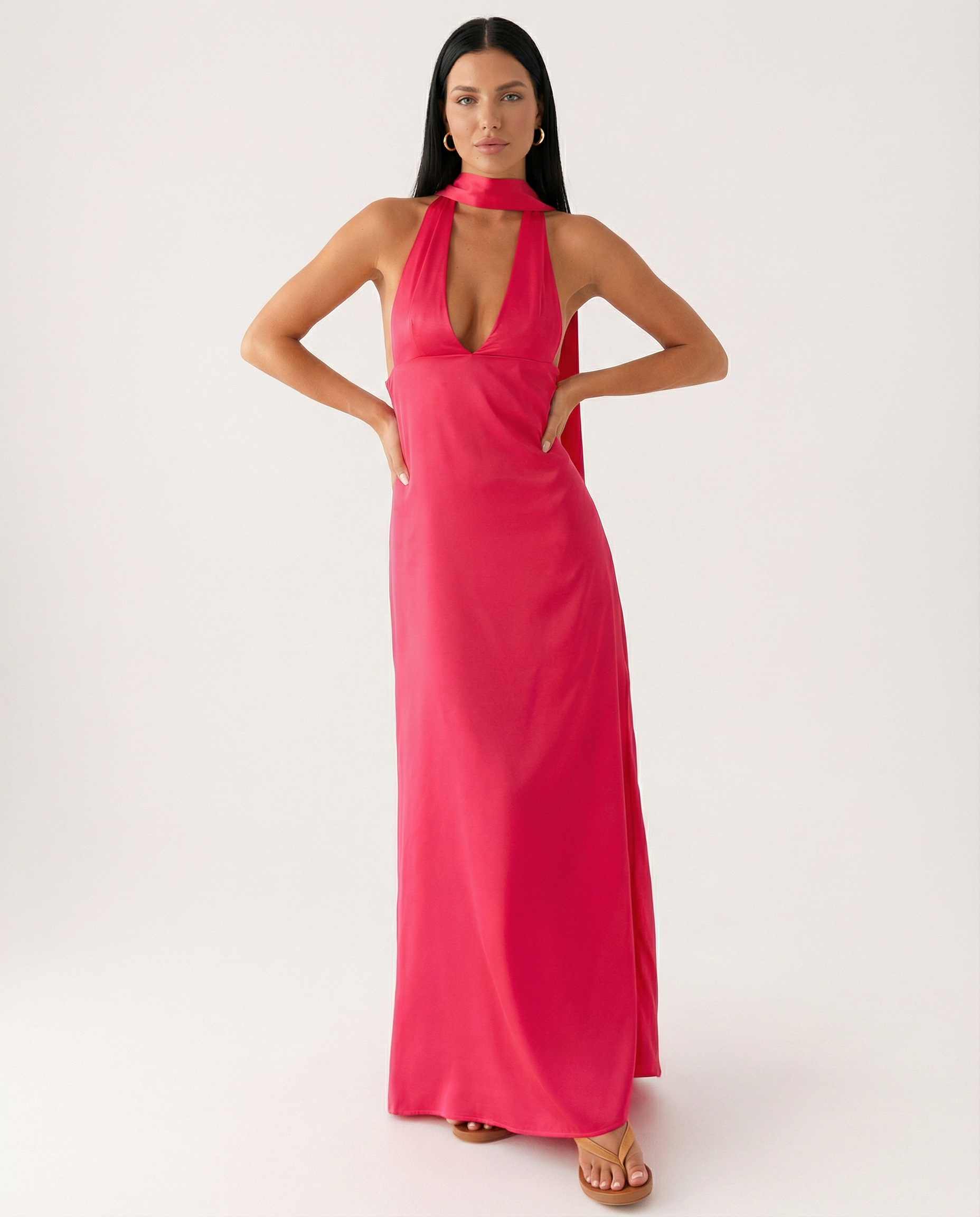 Jayne | Low V Neck Cowl Back Satin Halter Maxi Dress