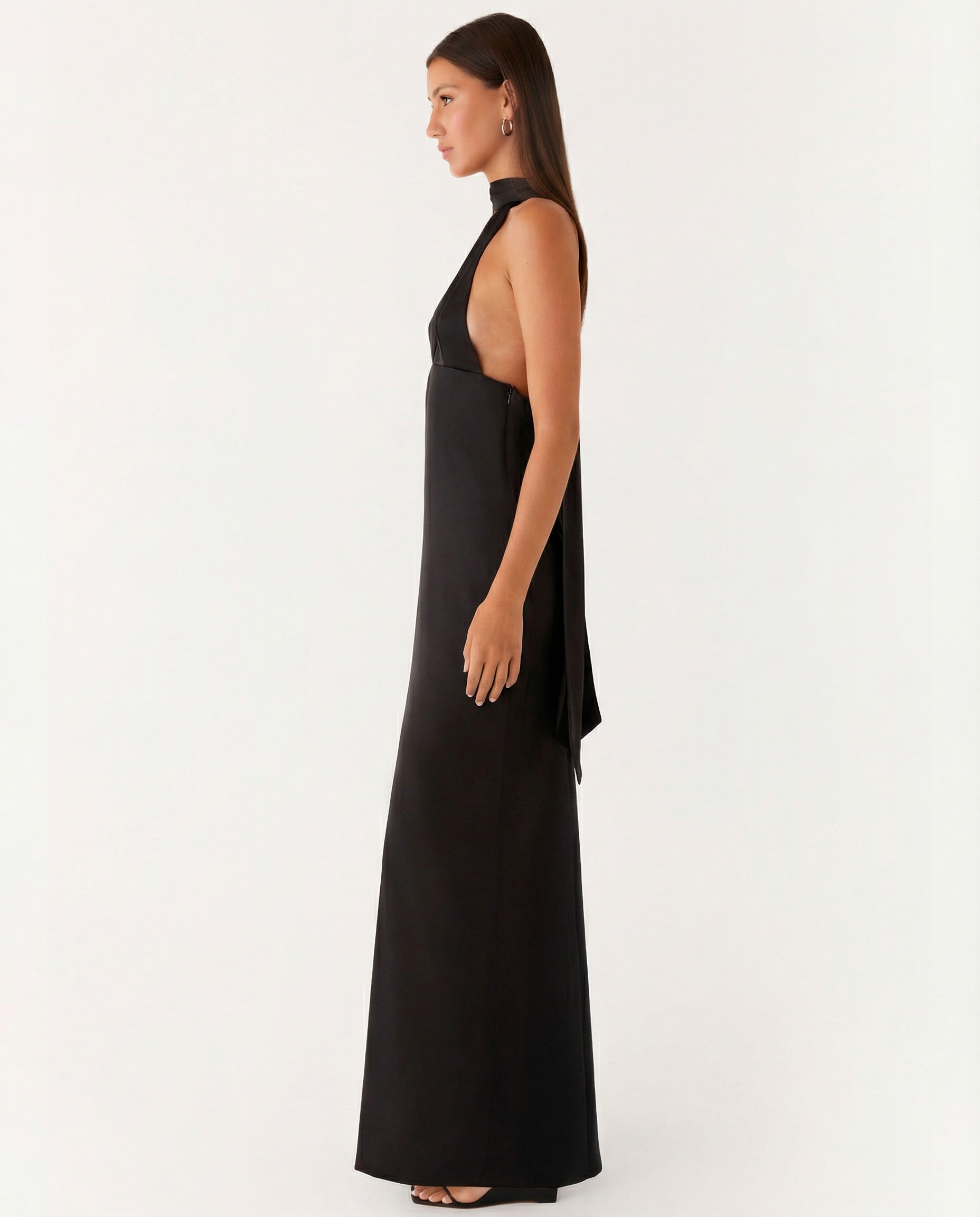 Jayne | Low V Neck Cowl Back Satin Halter Maxi Dress