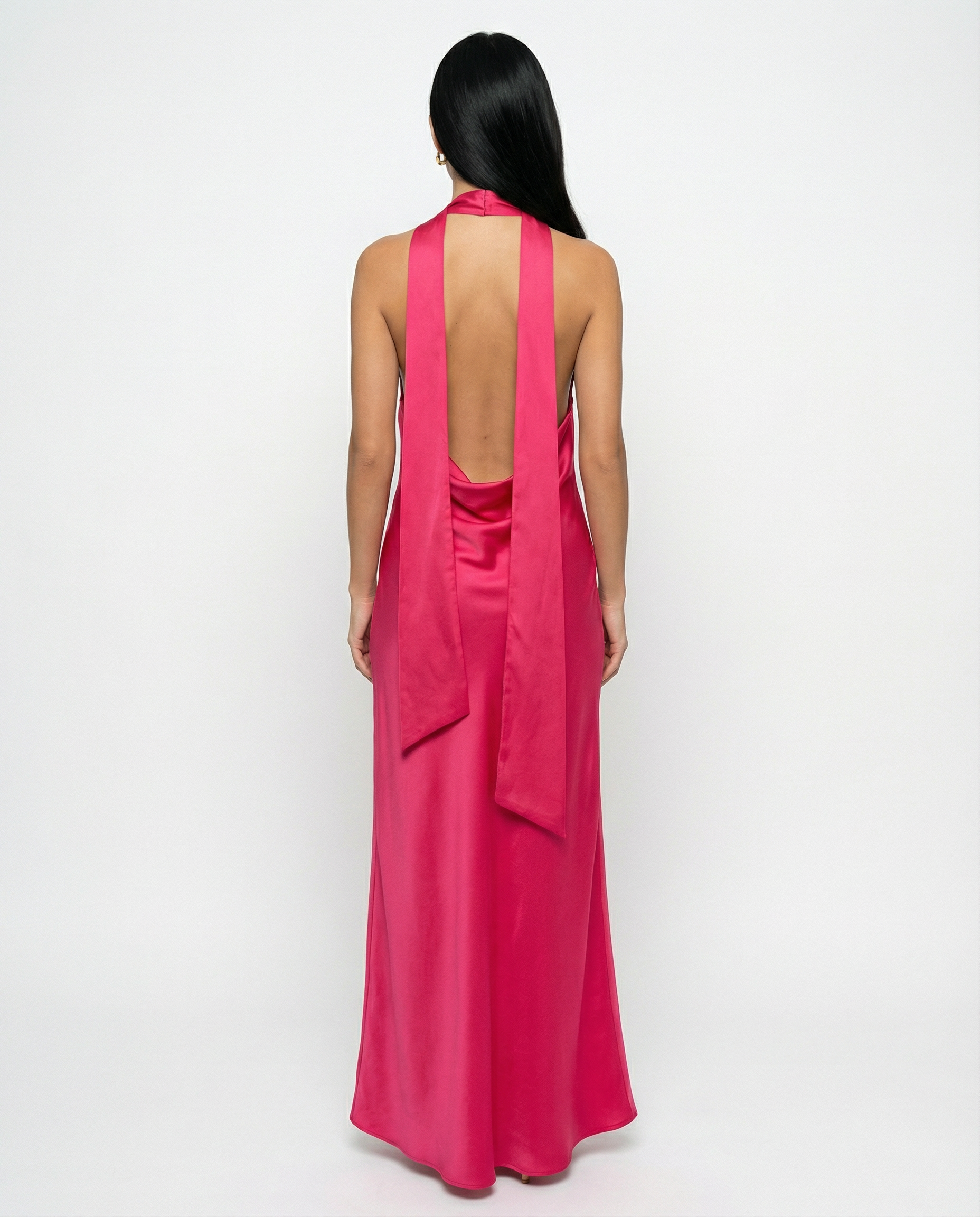 Jayne | Low V Neck Cowl Back Satin Halter Maxi Dress