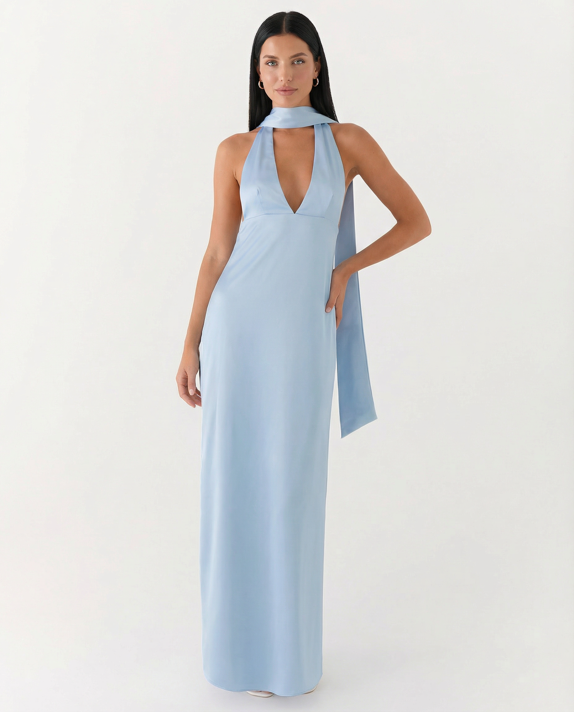 Jayne | Low V Neck Cowl Back Satin Halter Maxi Dress