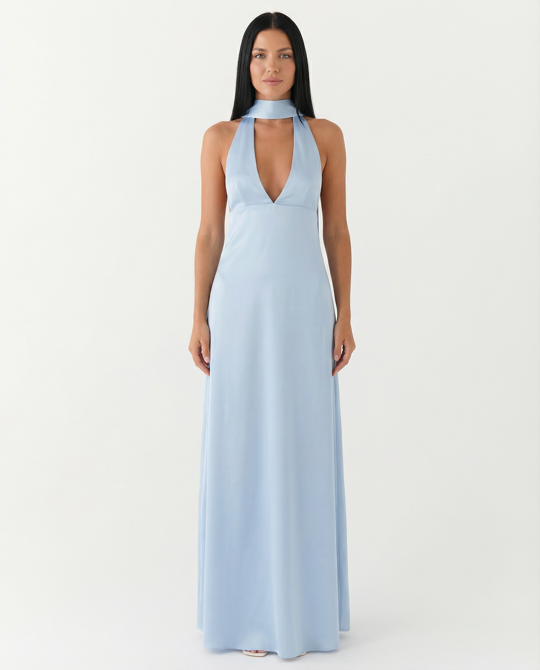 Jayne | Low V Neck Cowl Back Satin Halter Maxi Dress