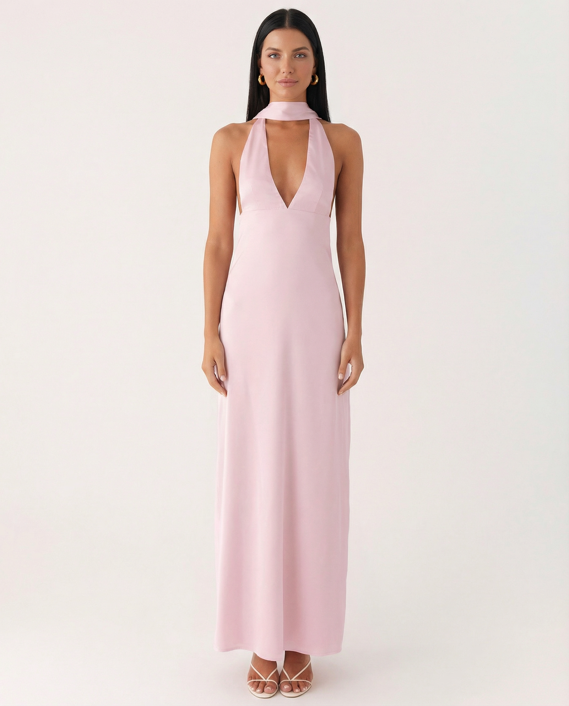 Jayne | Low V Neck Cowl Back Satin Halter Maxi Dress