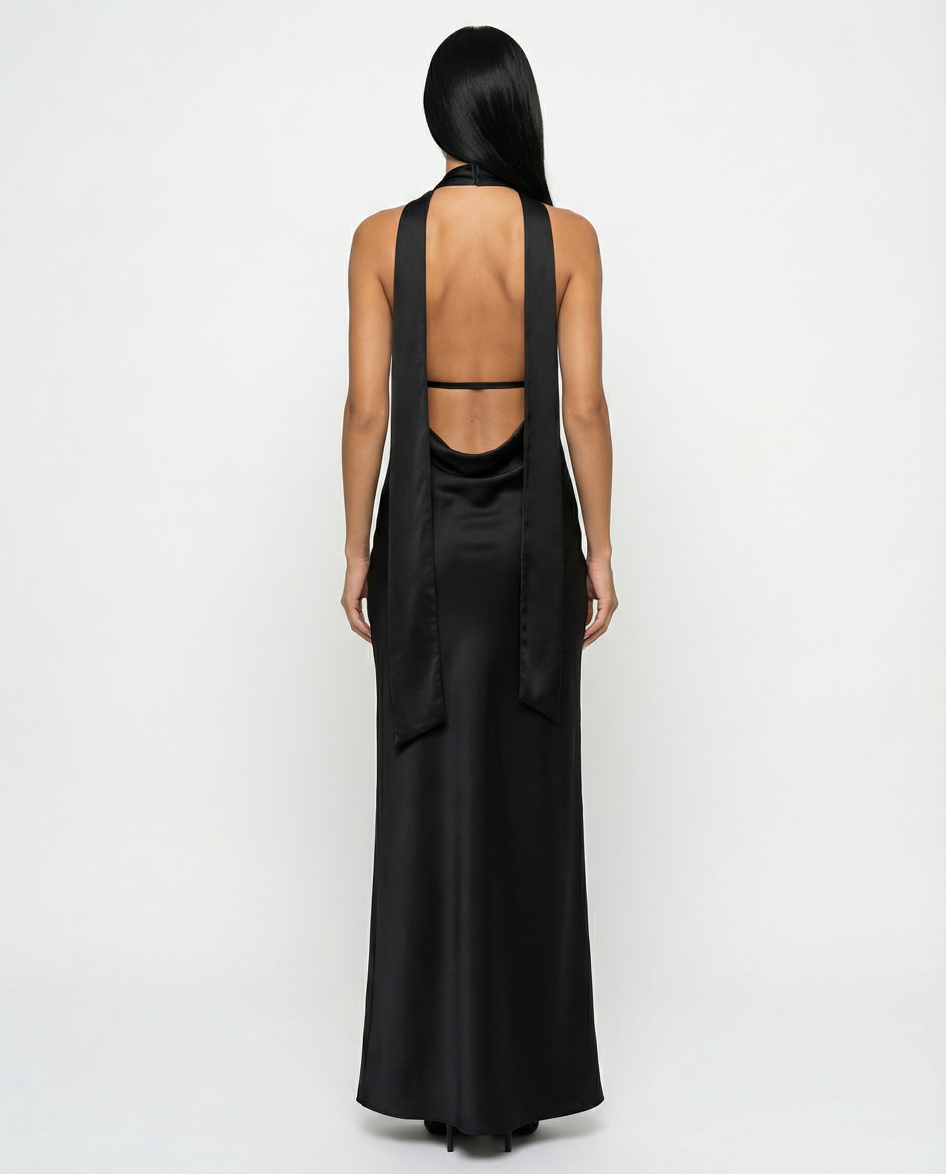 Jayne | Low V Neck Cowl Back Satin Halter Maxi Dress