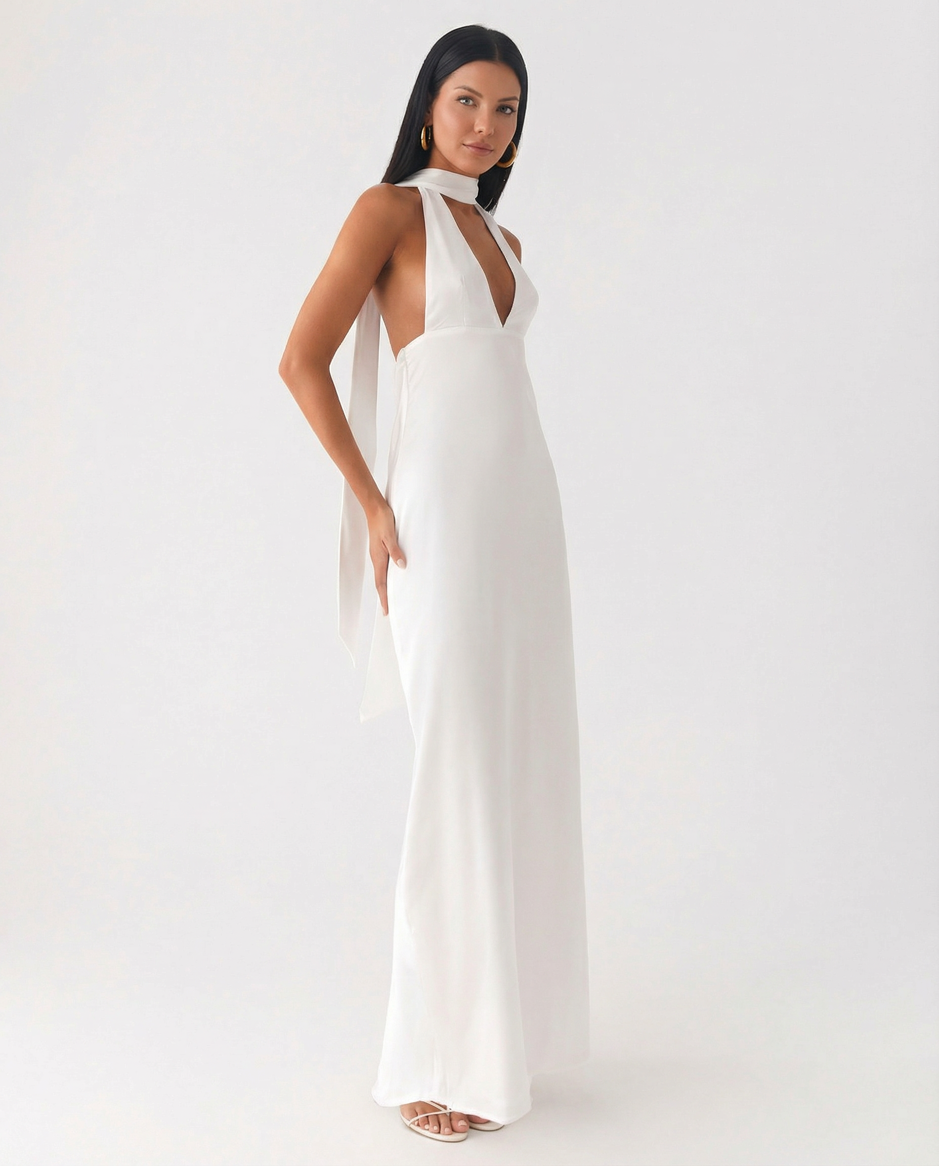 Jayne | Low V Neck Cowl Back Satin Halter Maxi Dress