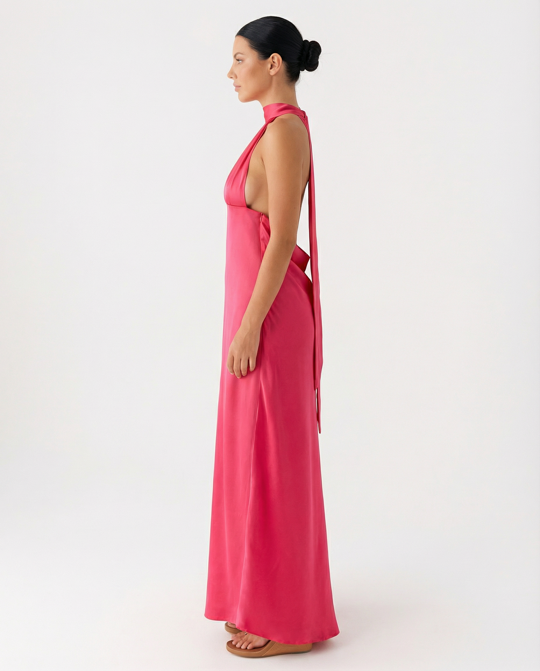 Jayne | Low V Neck Cowl Back Satin Halter Maxi Dress