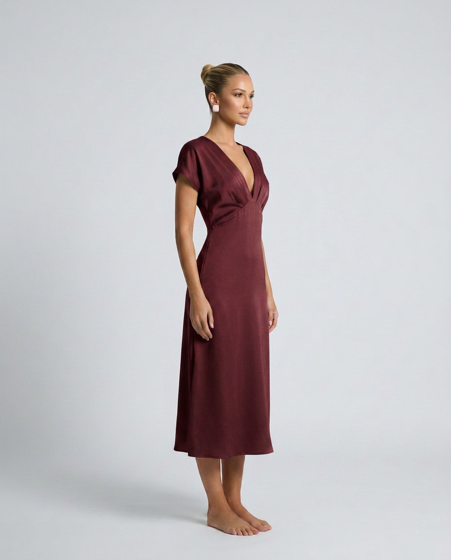 Cleo | Wine Red Satin Cowl Neck Midi Dress