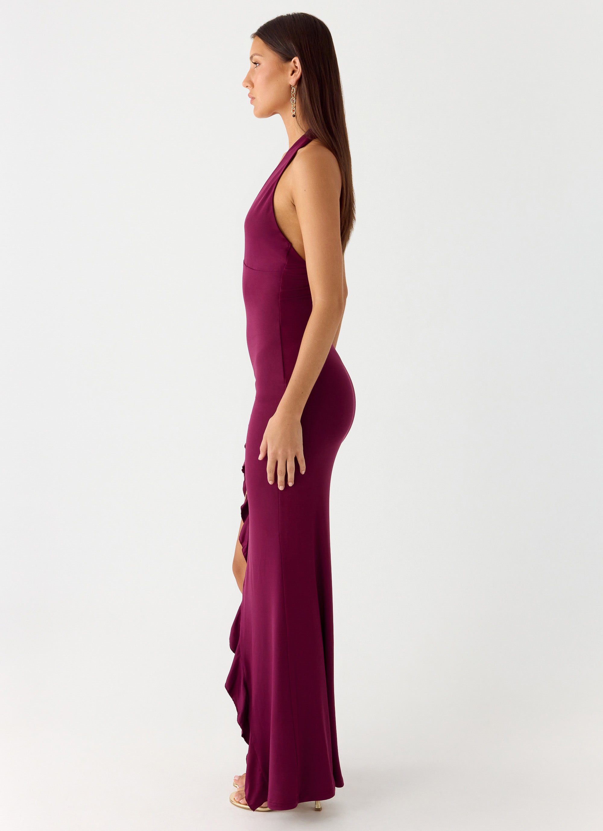 Alberta | V Neck Ruffles High Thigh Slit Maxi Dress