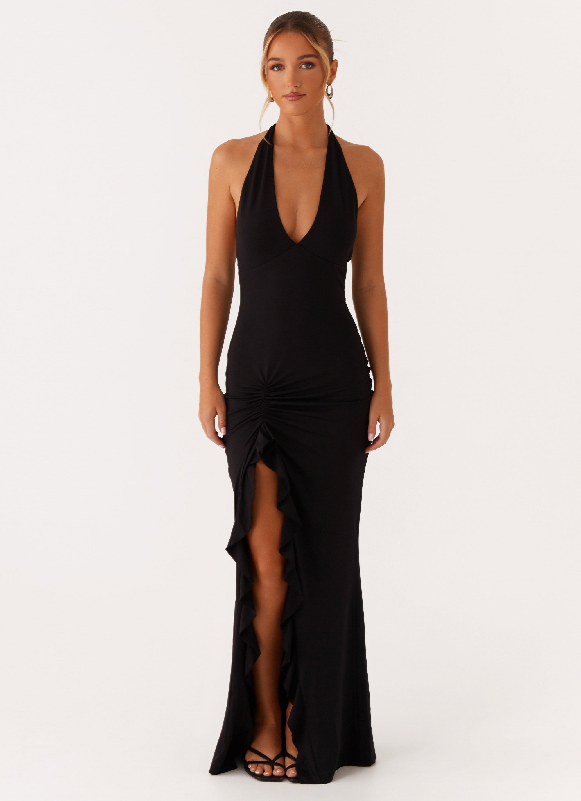 Alberta | V Neck Ruffles High Thigh Slit Maxi Dress