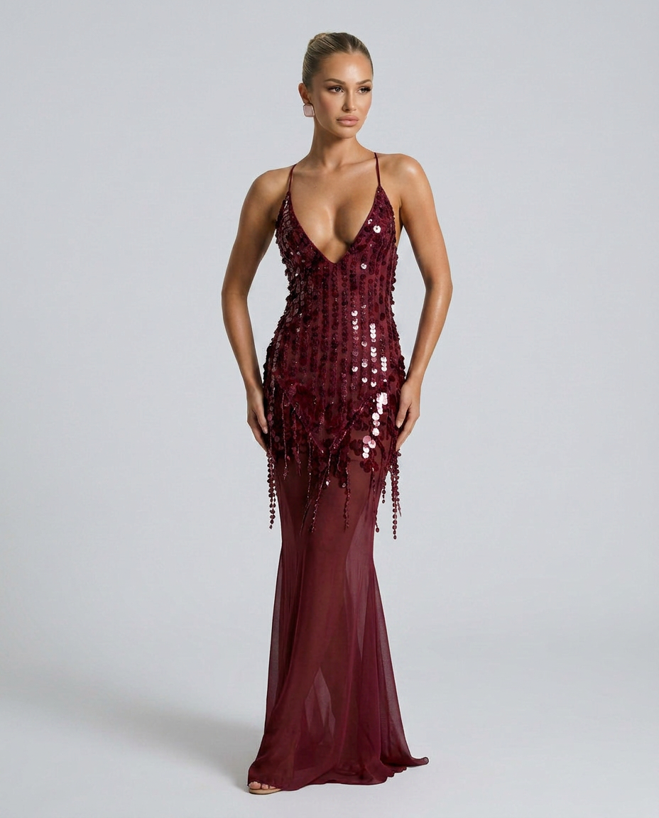 Goldie | V-Neck Sequin Crisscross-Back Maxi Dress