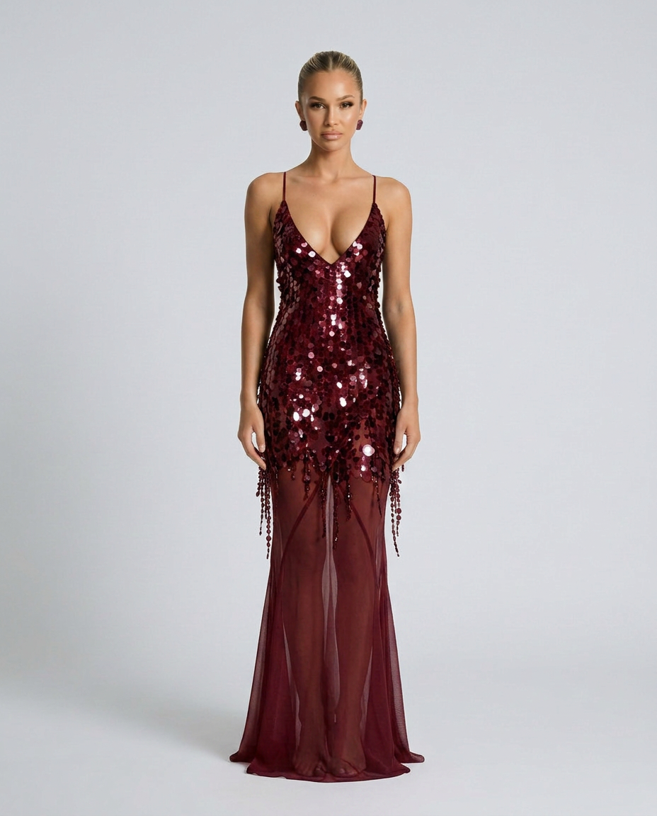 Goldie | V-Neck Sequin Crisscross-Back Maxi Dress