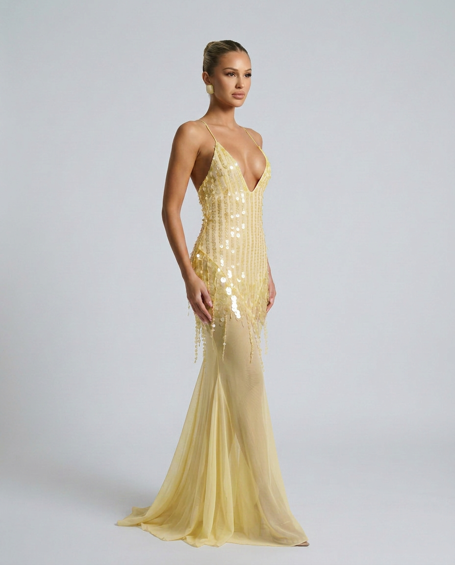 Goldie | V-Neck Sequin Crisscross-Back Maxi Dress