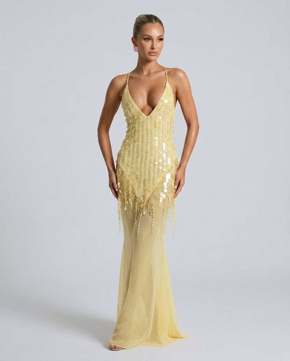 Goldie | V-Neck Sequin Crisscross-Back Maxi Dress