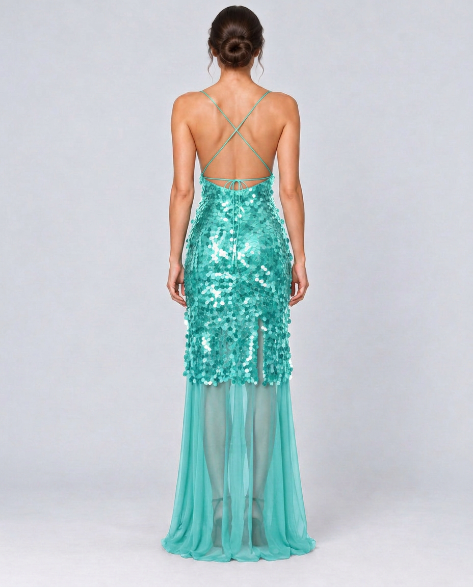 Goldie | V-Neck Sequin Crisscross-Back Maxi Dress