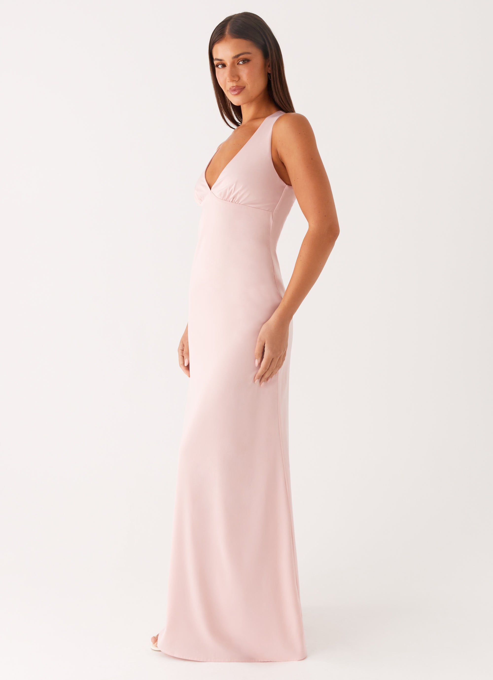 Christine | Low V Neckline Ruched Satin Maxi Dress
